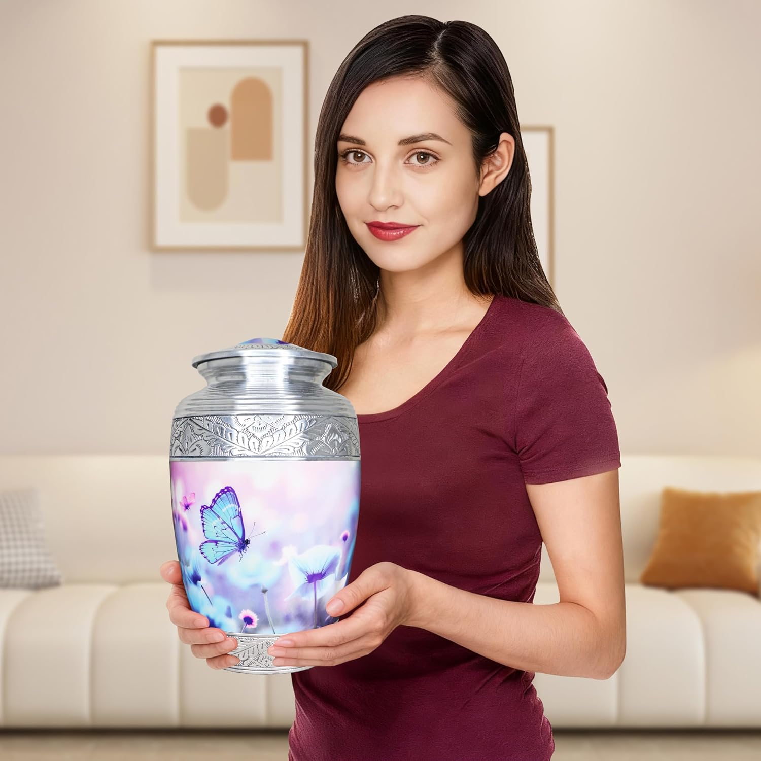 M MEILINXU Urns for Human Ashes Adult Female & Male, Cremation Urn for Ashes for Women & Man, Funeral Decorative, Urn with Butterflies, Burial, Blue Butterfly and Flower - Large - Image 3