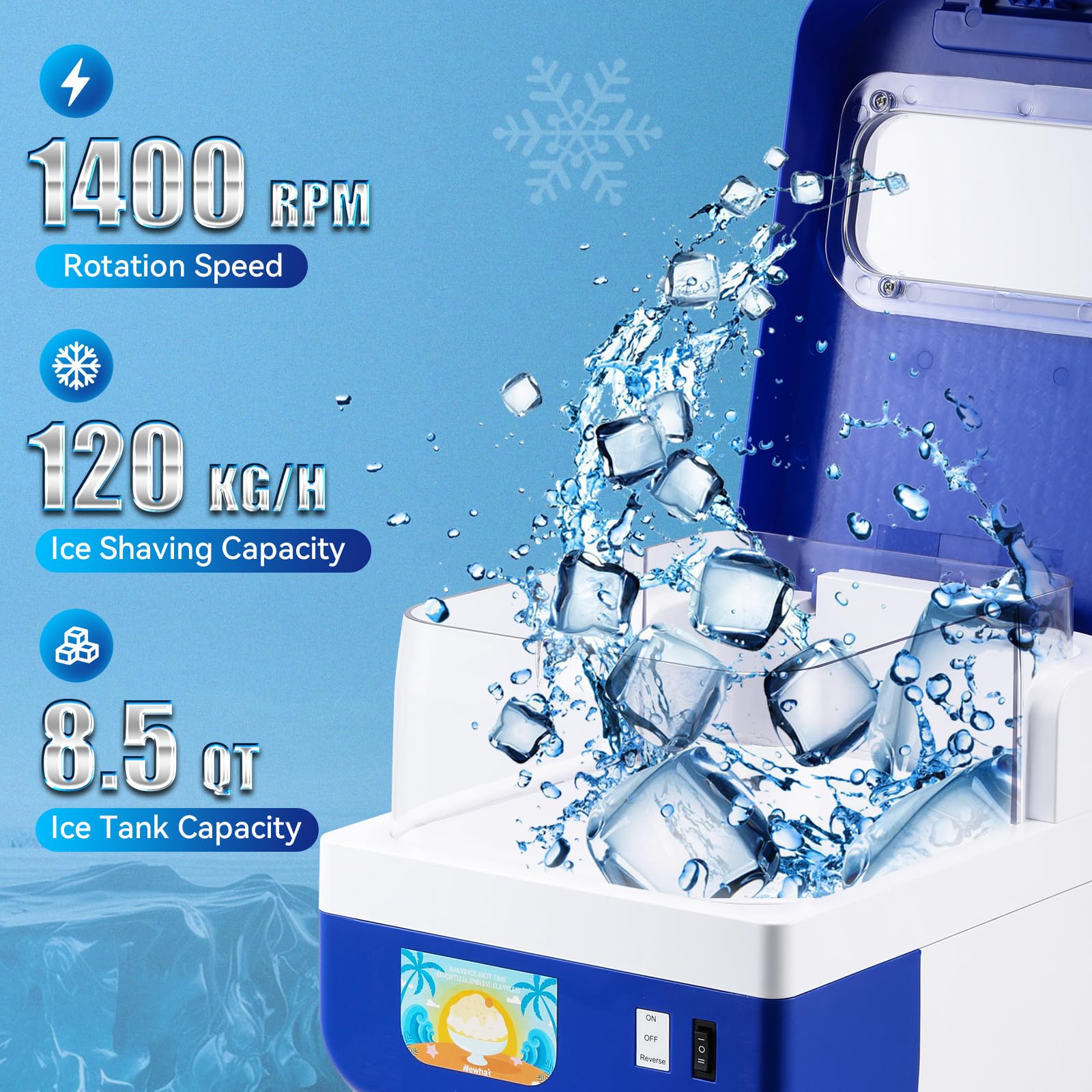 Máquina de hielo afeitado comercial de 250 W, 8.5 cuartos de galón (8 litros), máquina eléctrica de cono de nieve para verano, trituradora de hielo automática de grosor ajustable para fiestas 3