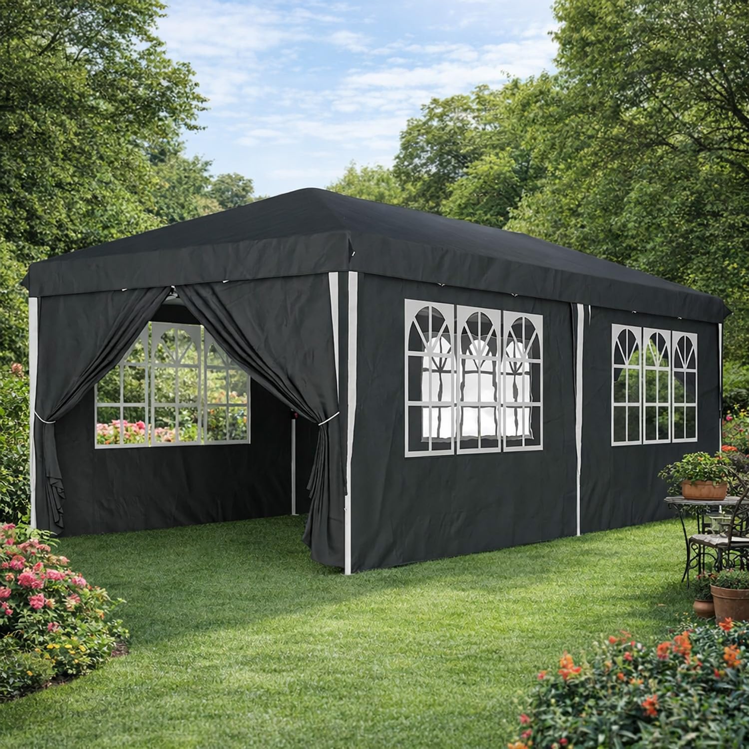 Gazebo Con Pareti Laterali Finestre E Porte Removibili Pieghevole Impermeabile Altezza Regolabile Struttura Pop Up Resistente In Metallo Pergolato Per Giardino Eventi Feste E Catering 3x6 Metri Nero