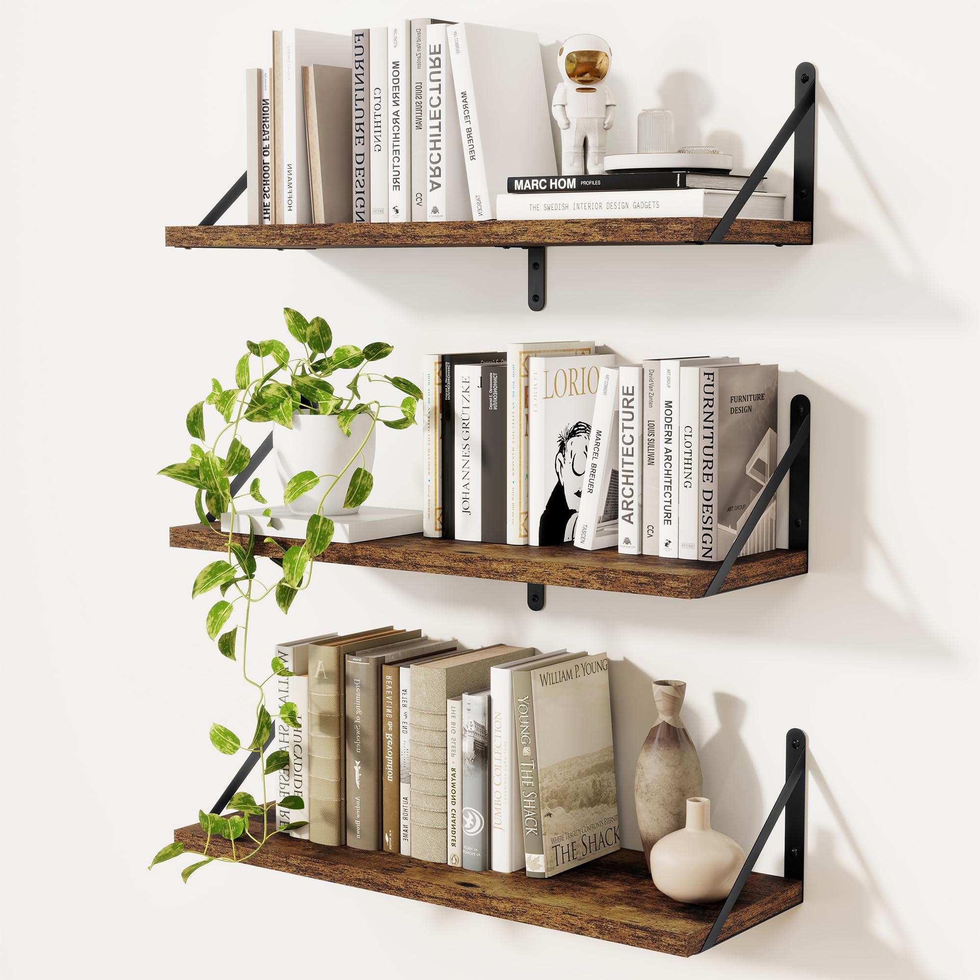 Feihorrm Set of 3 Book Shelf, Vintage Brown Wall Shelves, 60cm Wall Shelf, Wooden Shelves, Shelves for Wall, Bookshelf for Bedroom, Living Room, Home Office & Book Storage