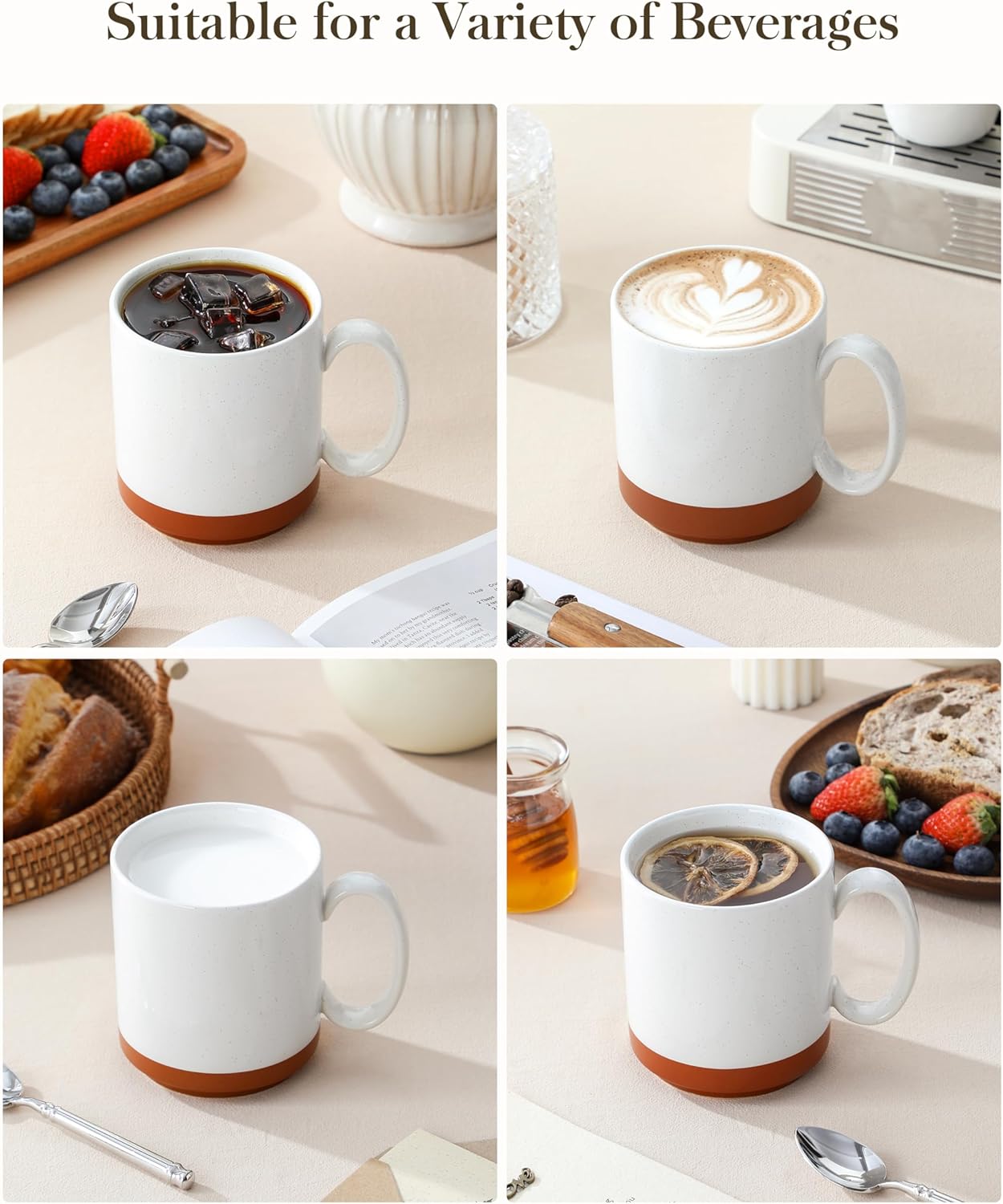 MALACASA 16oz Ceramic Coffee Mugs Set of 4, Stackable Coffee Cups with Straight-Sided Design, Mugs for Coffee, Latte, Tea, Hot Chocolate, Cappuccino and Cocoa, Microwave & Dishwasher Safe, Khaki White