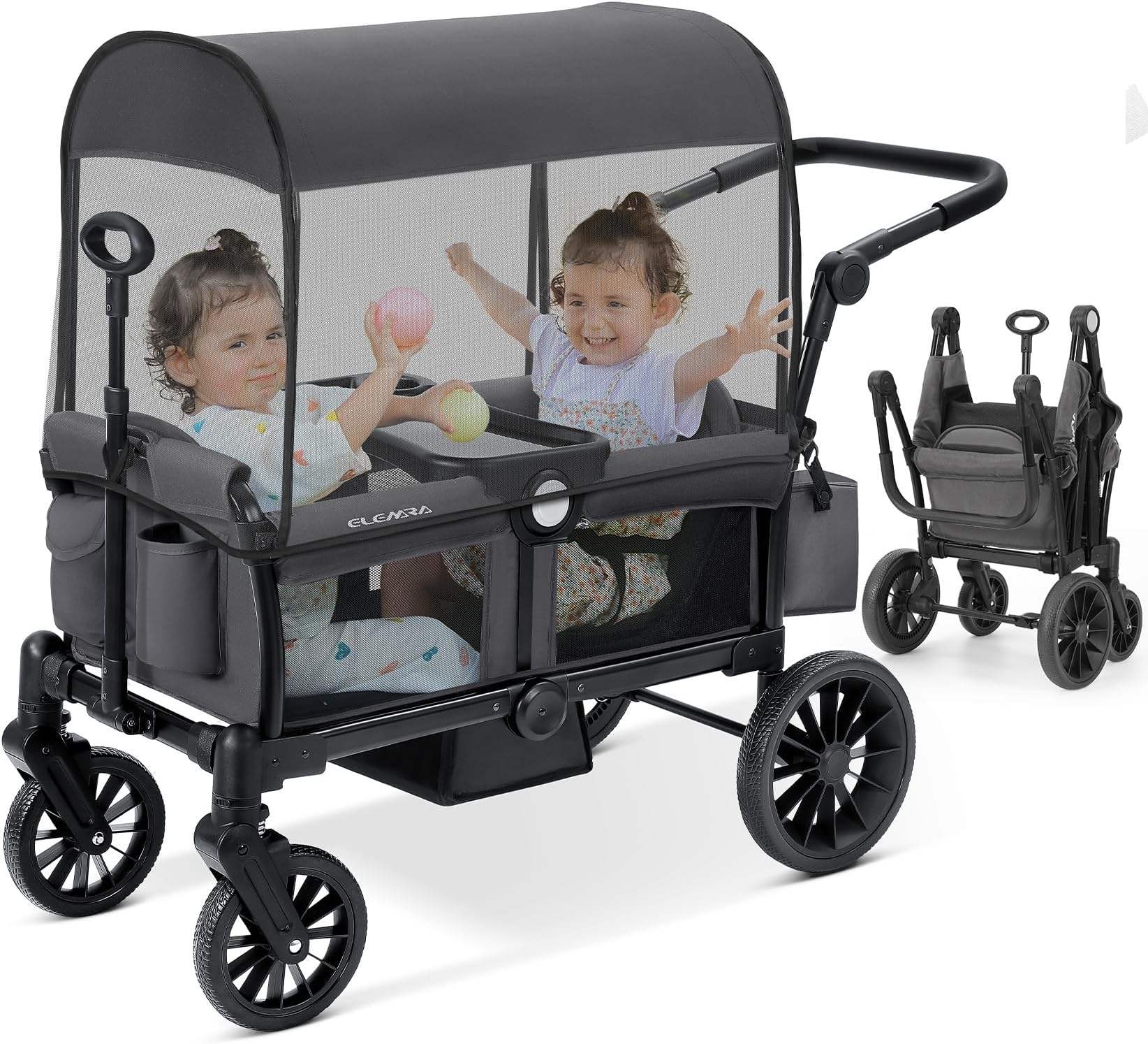 ELEMARA Stroller Wagon, 2 Seat Wagon Stroller for 2 Kids, Premium All Terrain Wagon for Kids w/Removable Canopy, Adjustable Push/Pull Handle, Large Storage Bag, Gray
