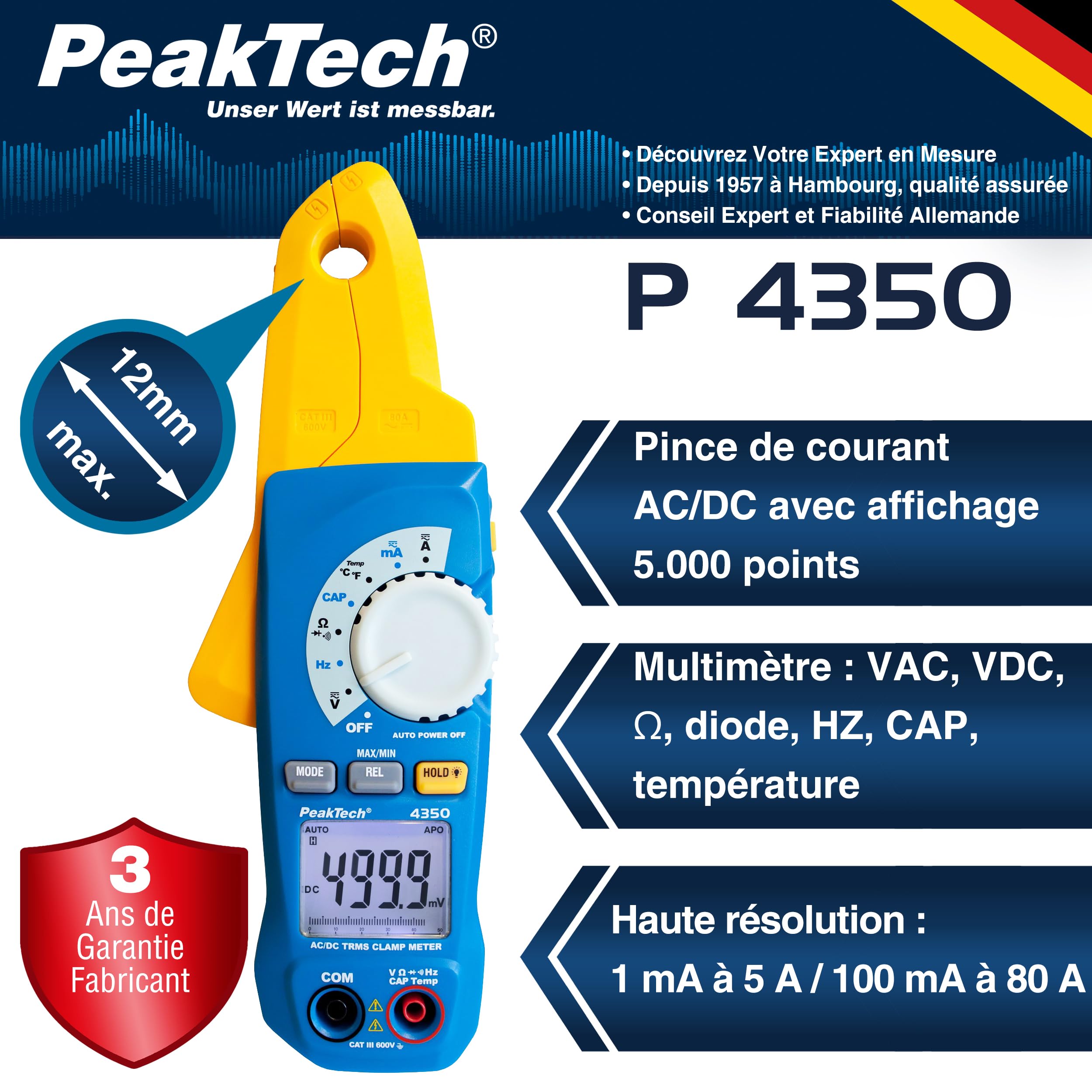 PeakTech 4350 - Pince Ampèremétrique True RMS 80A AC/DC, Multimètre Numérique, Pince de courant, Autorange, 4000 counts, Voltmètre Sans Contact, Ampèremètre, Testeur de Continuité - Max 600V