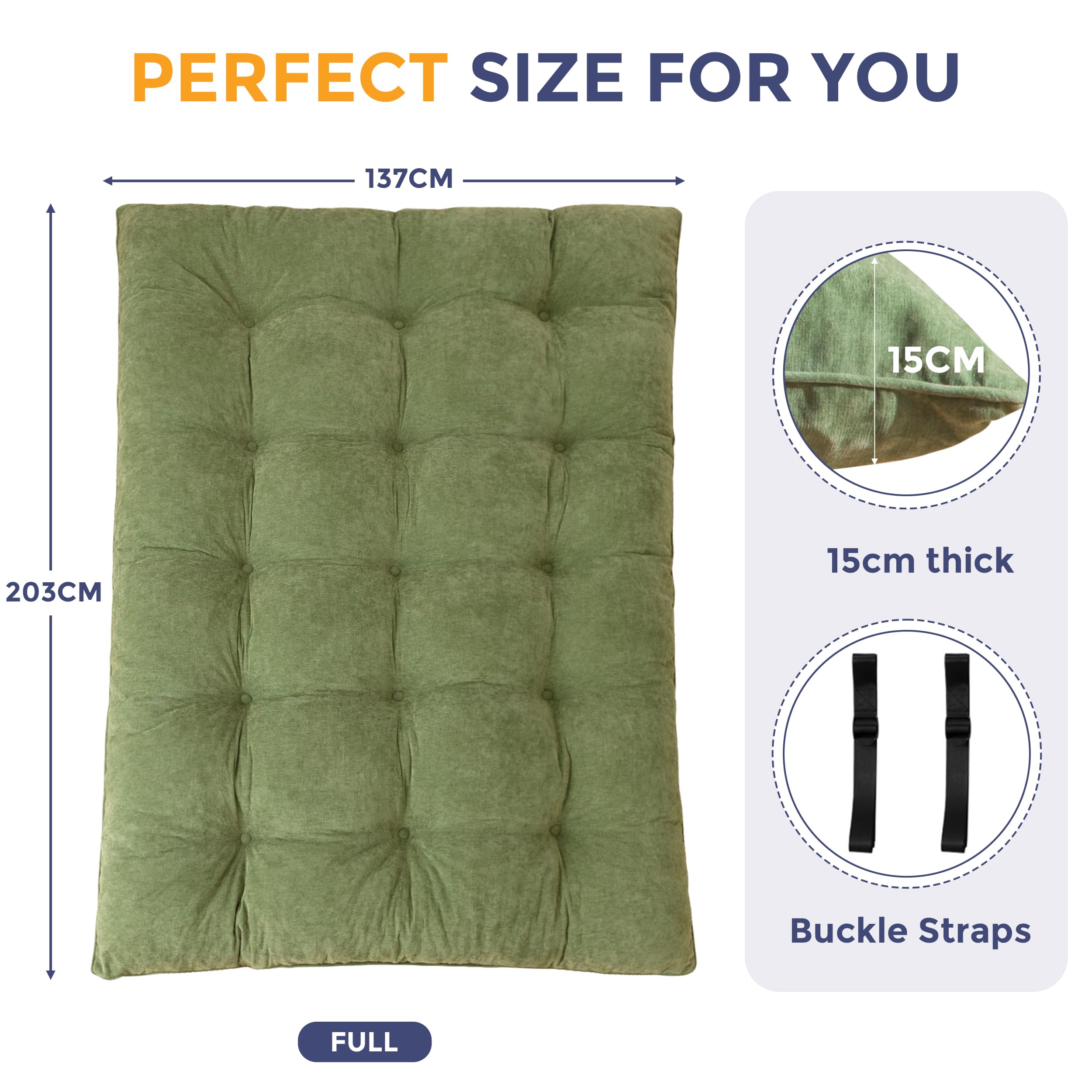 MAXYOYO Materasso Futon Tessuto-Chenille, 15cm Spessore, Rollisci Divano-Letto Pieghevole Riempito Spugna-Schiacciata, Craft-Bottoni, Pratico Tappetino-Pavimento Pieghevole (Escluso Struttura-Letto)