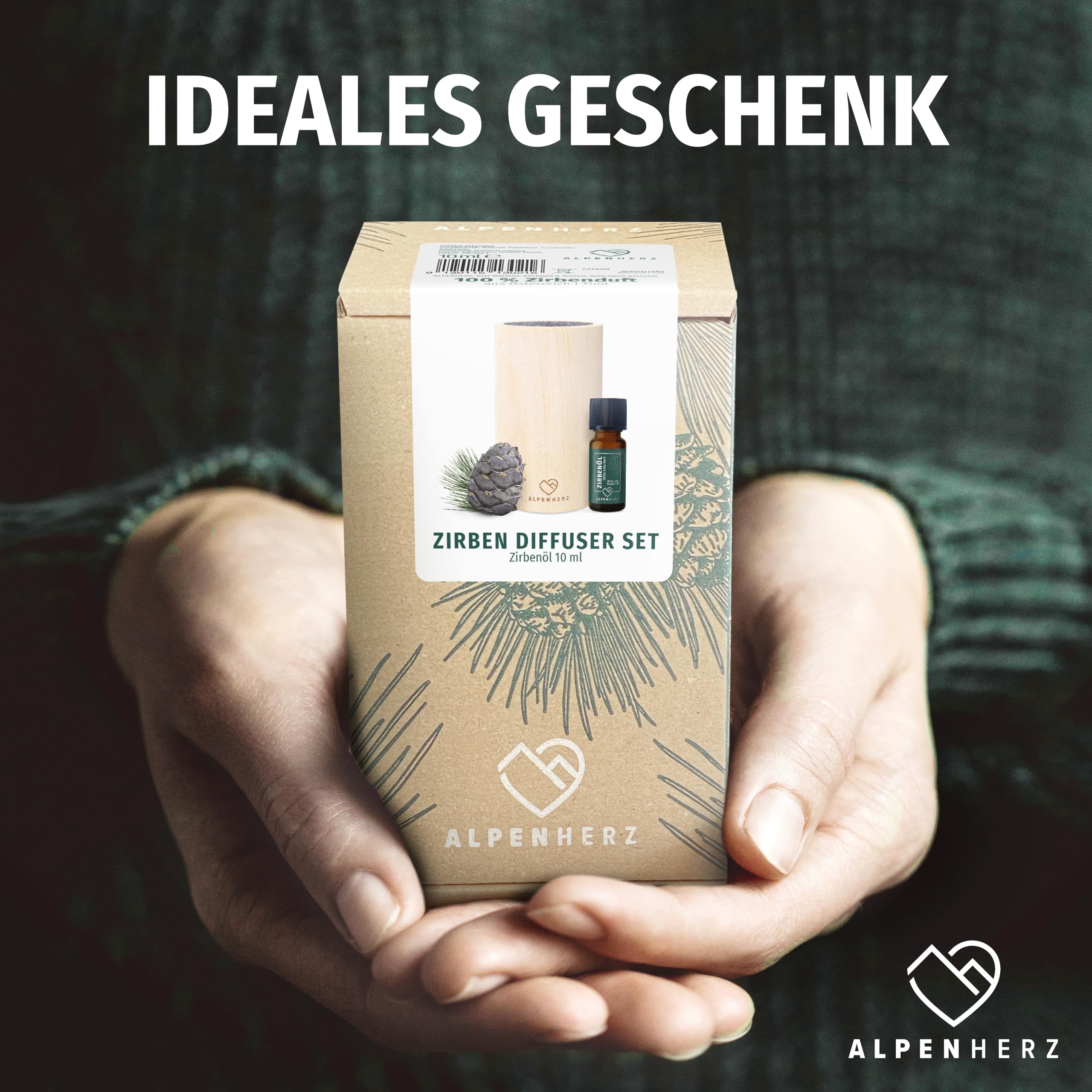 Alpenherz Diffuser Set mit Zirbenöl 10 ml - Naturrein aus Österreich - Zirbenholz Würfel mit Filz Duftspender Schönes Zirbelkiefer Set als Deko