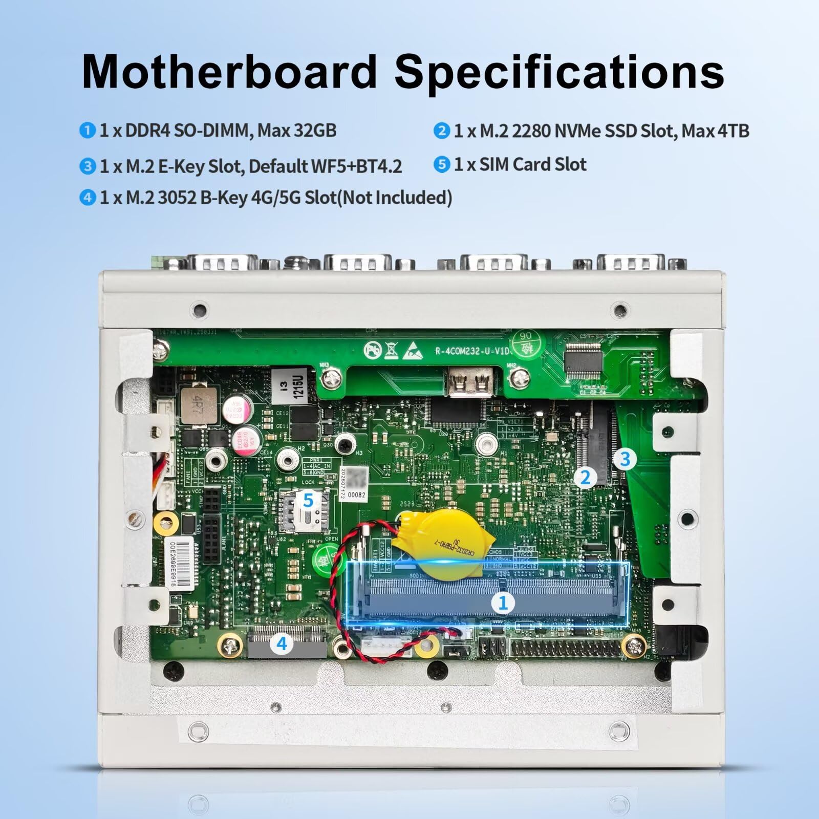 Industrie Mini PC Lüfterlos Fanless Embedded Computer i5-1235U Dual LAN 2COM 8Pin GPIO 6USB DP+HD 4K60Hz Dual DisplayAuto Power On DDR4 8G RAM 128G SSD, Barebone
