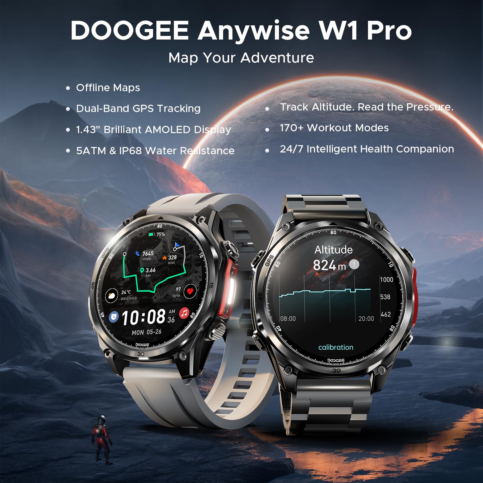 Anywise W1 Pro Orologi Smartwatch uomo,GPS Dual-Band & Mappe Offline, 5 ATM, 18 Giorni Autonomia, Display AMOLED HD 1,43", 170+ Modalità Sport,Chiamate Bluetooth,Compatibile con Android/iOS