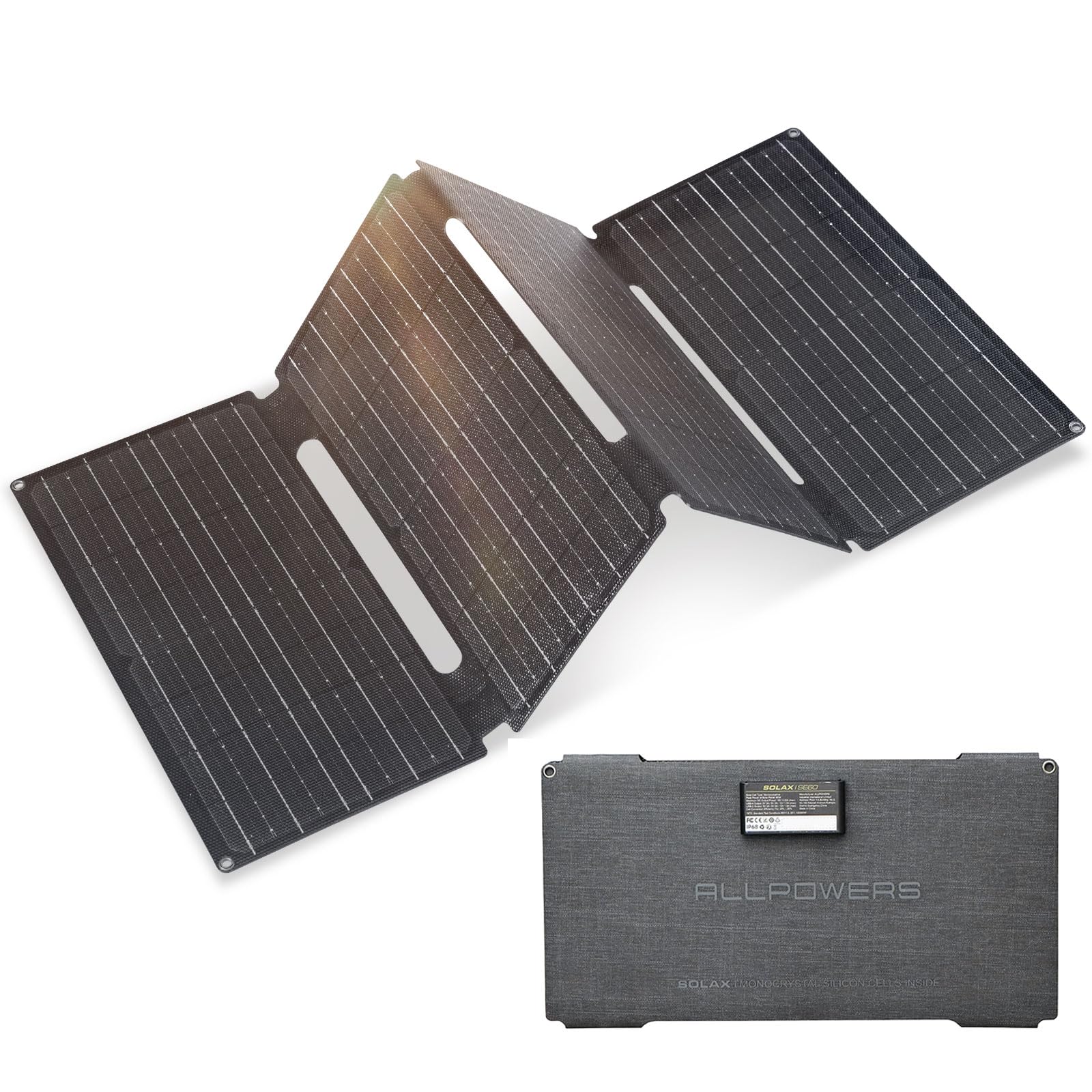 ALLPOWERS SE60 Panneau solaire pliable 60 W avec 3 ports (USB-C+USB-A+DC), chargeur solaire portable étanche IP68 pour téléphone portable, panneau solaire en plein air pour smartphone, batterie