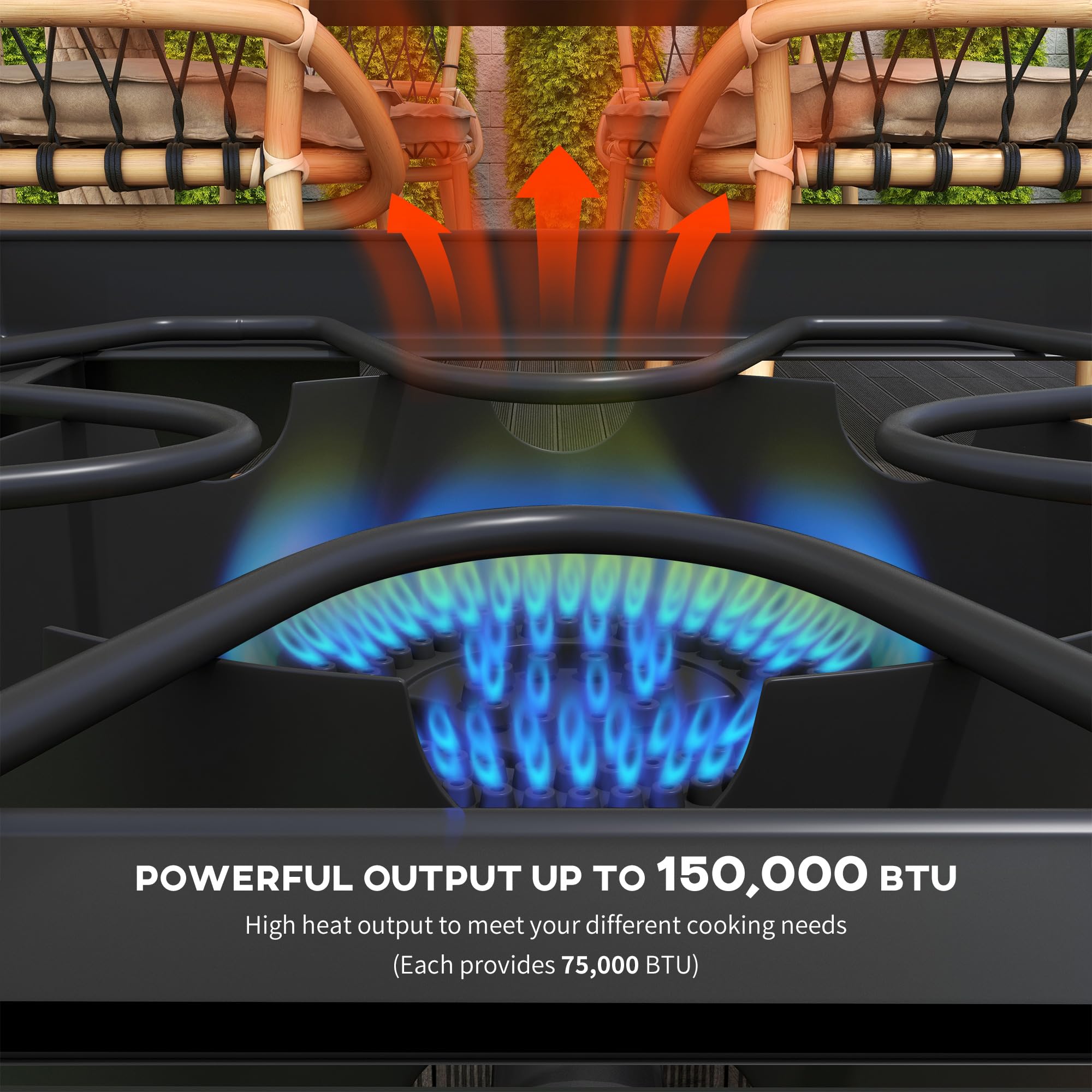 Outsunny stufa a gas portatile a 2 fuochi 150.000 BTU/h con 2 piedini rimovibili per uso esterno, campeggio, in metallo fuso, dim. 79L x 40L x 73H cm