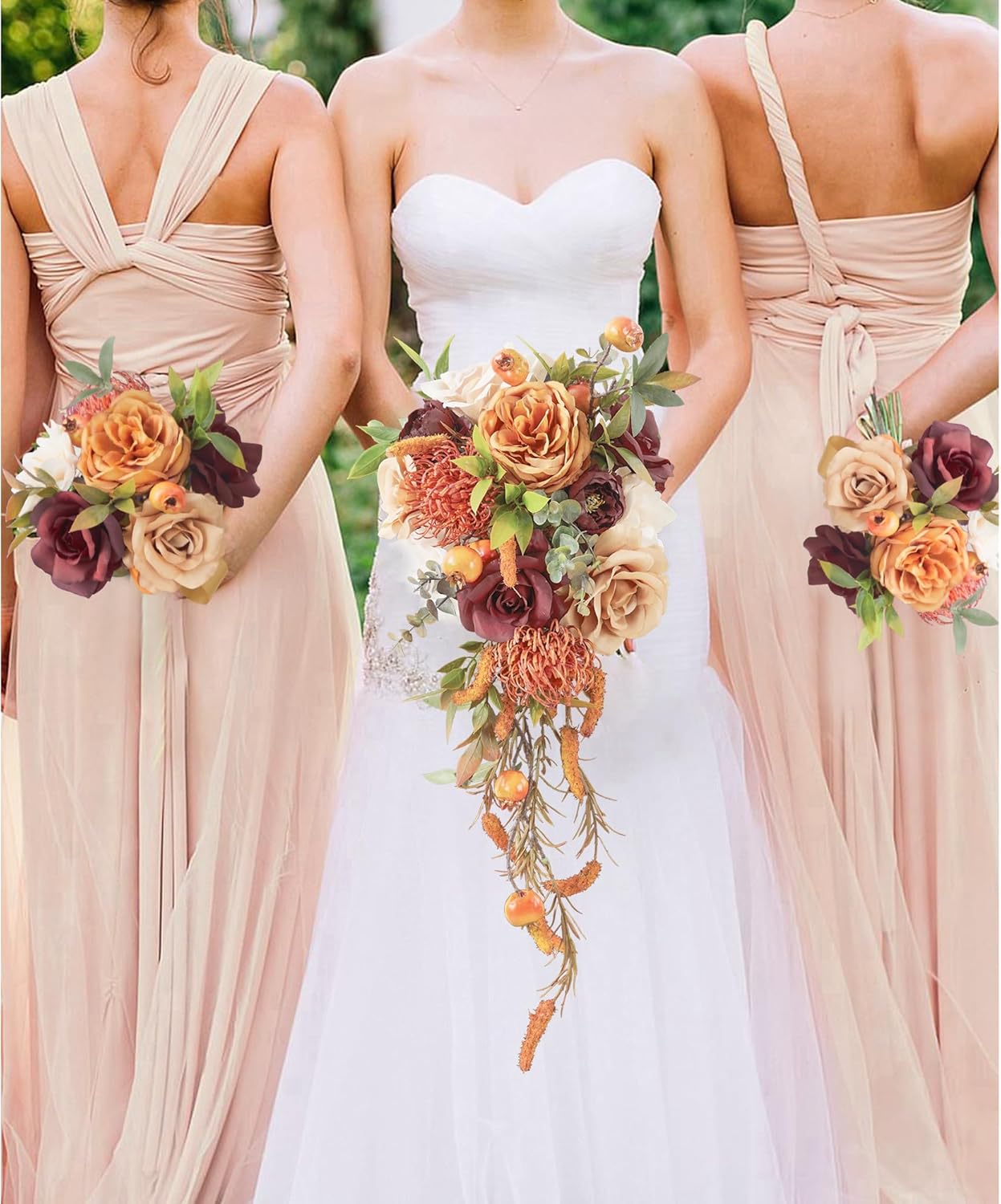 Wedding Bouquets for Bride, Set of 5, Bridesmaid Bouquet Artificial Flower Bridal Bouquet for Wedding Ceremony Anniversary (Burgundy & Terracotta)