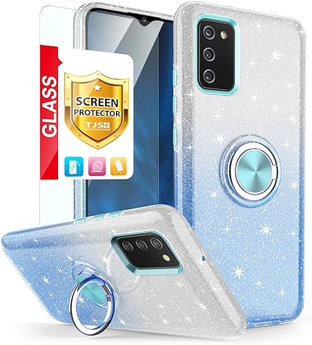 TJS Funda compatible con Samsung Galaxy A02S, con protector de pantalla de vidrio templado, anillo de metal, soporte magnético, tono brillante,