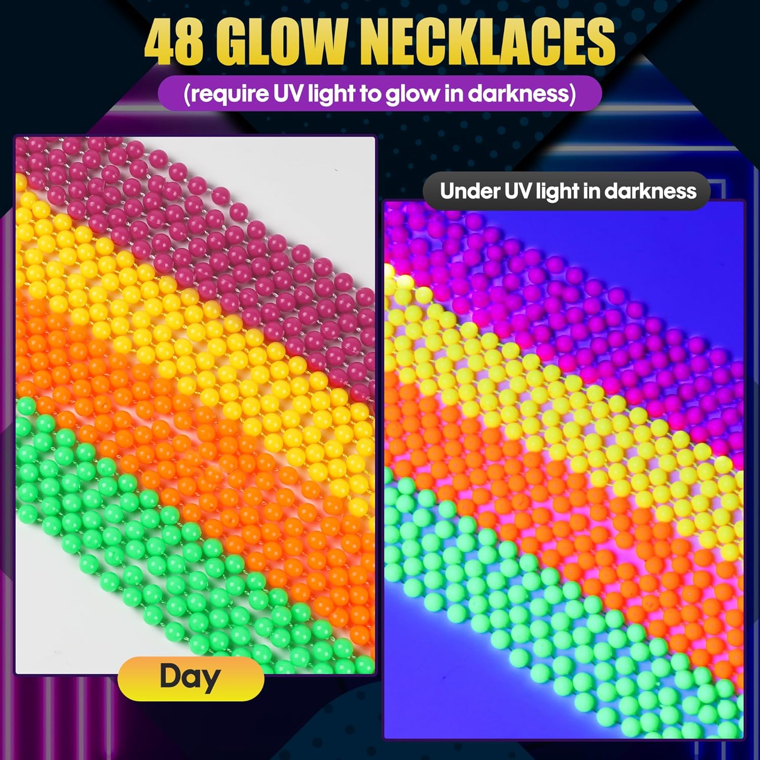 48 Pcs Glow in the Dark UV Neon Bead Necklaces 31.5" Colorful Glow Beaded Necklace Bulk Plastic Mardi Gras Beads Neon Necklace Glow Party Accessories for Decorations Birthday Halloween Carnival