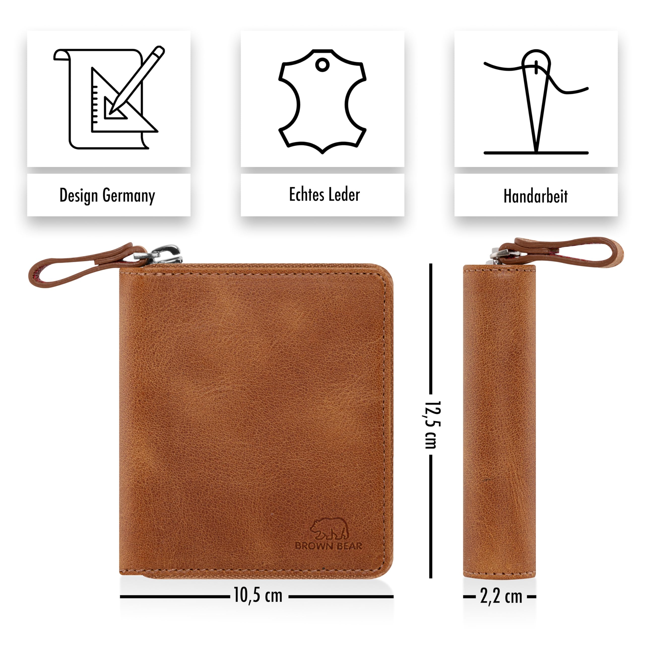 BROWN BEAR Cartera Cremallera Cuero RFID Protección y Monedero - 8009, Marrón Vintage Coñac, 0, Cartera con cremallera alrededor