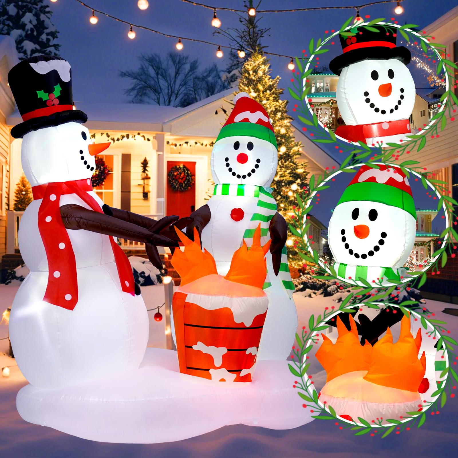 Décoration de Noël extérieure - Bonhommes de neige gonflables de 2,4 m avec flamme de feu - Décorations de cour gonflables avec LED intégrée pour extérieur, pelouse, cour, jardin