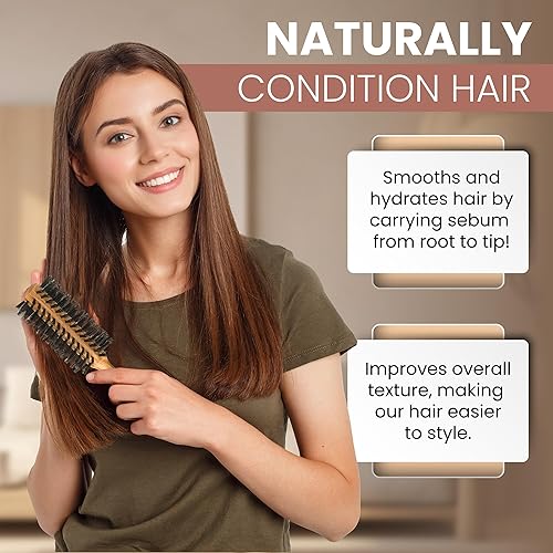 Miniatura 3 de SHASH Cepillo redondo de cerdas de jabalí para secar y peinar añade volumen y rebote promueve un cabello más suave y suave exfolia calma estimula el