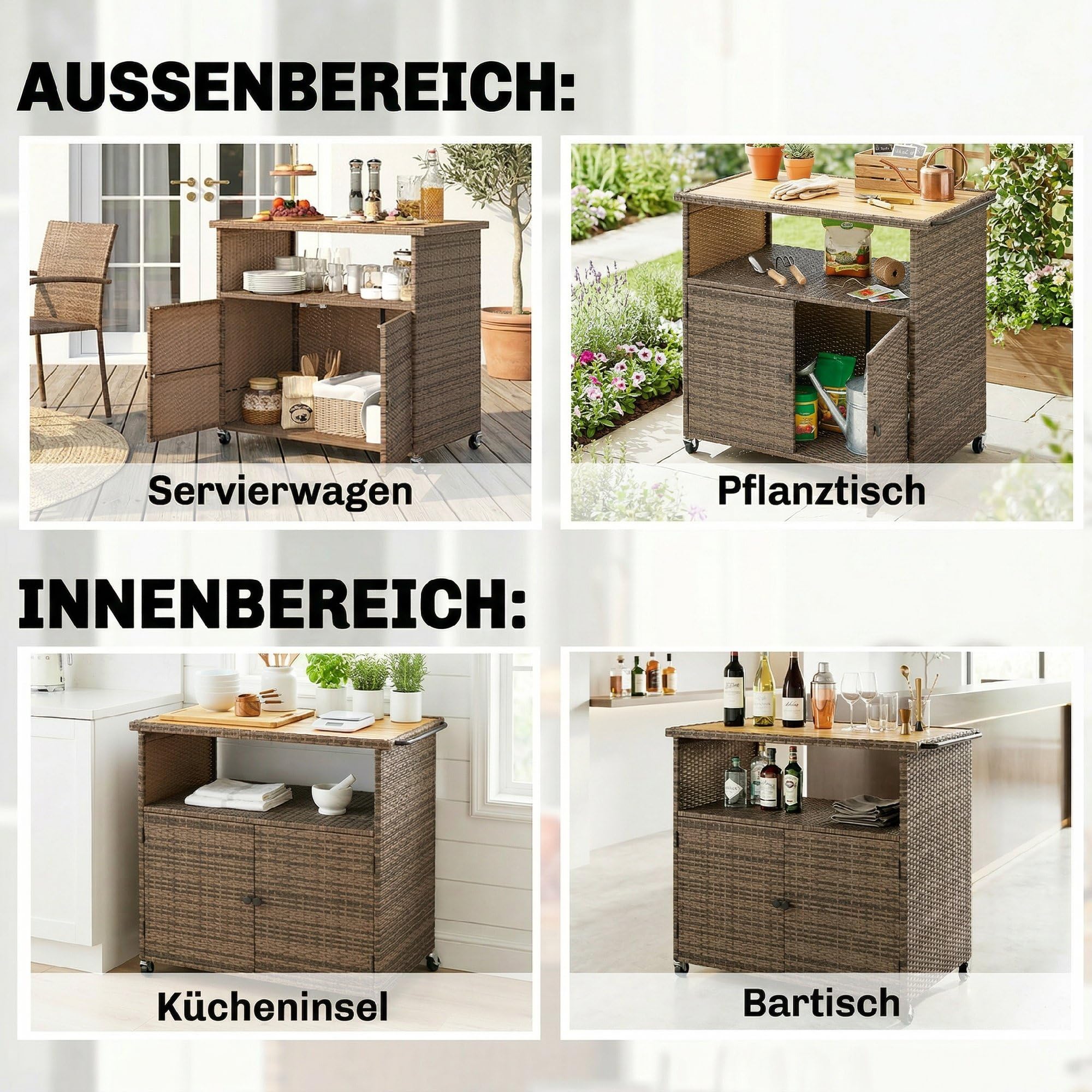 Outsunny Chariot de service en rotin avec plan de travail en bois d'eucalyptus FSC, compartiment de rangement, roulettes, poignée latérale, chariot de bar, chariot de barbecue, chariot d'appoint pour