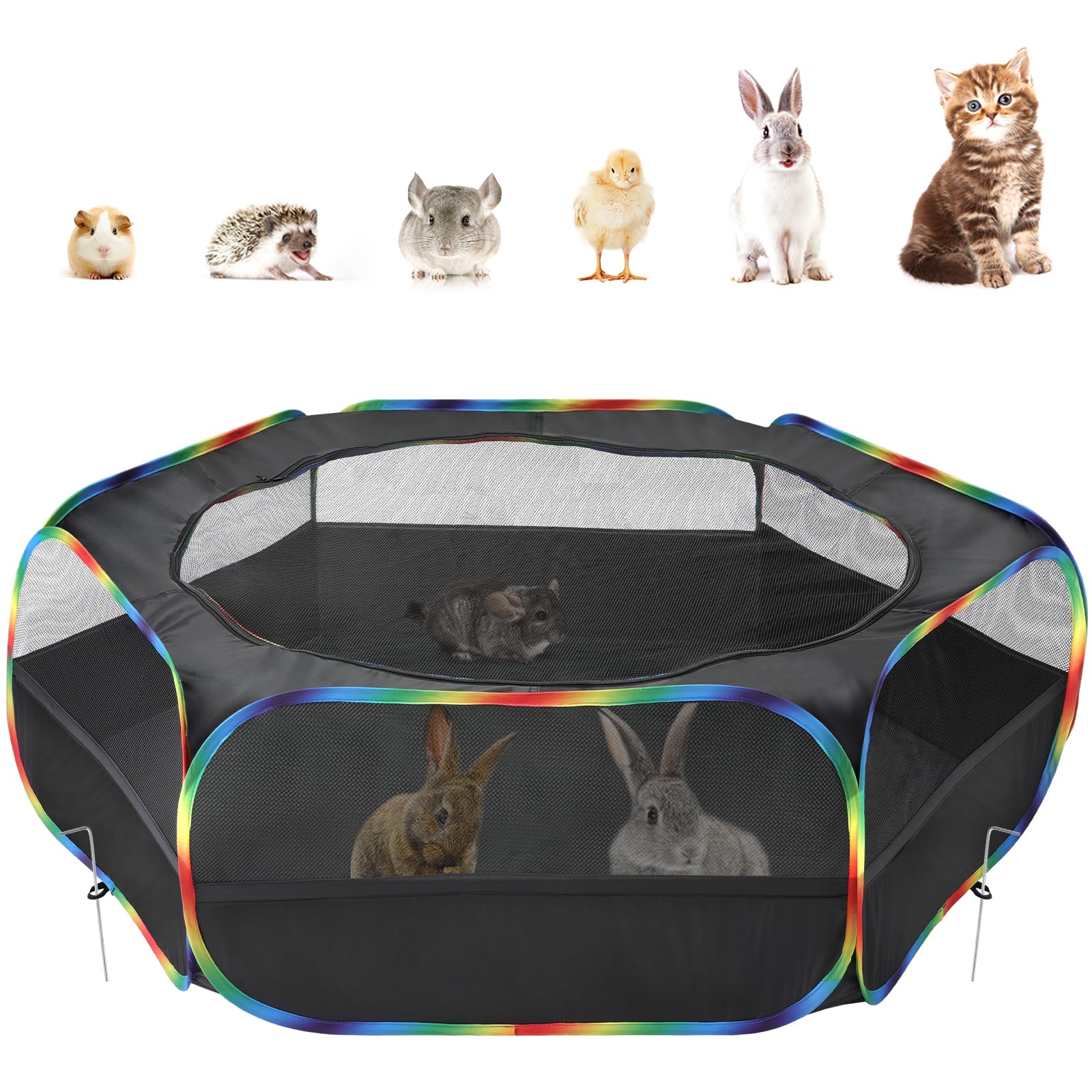 Pawaboo Small Animal Playpen with Zippered Cover, Black + Rainbow