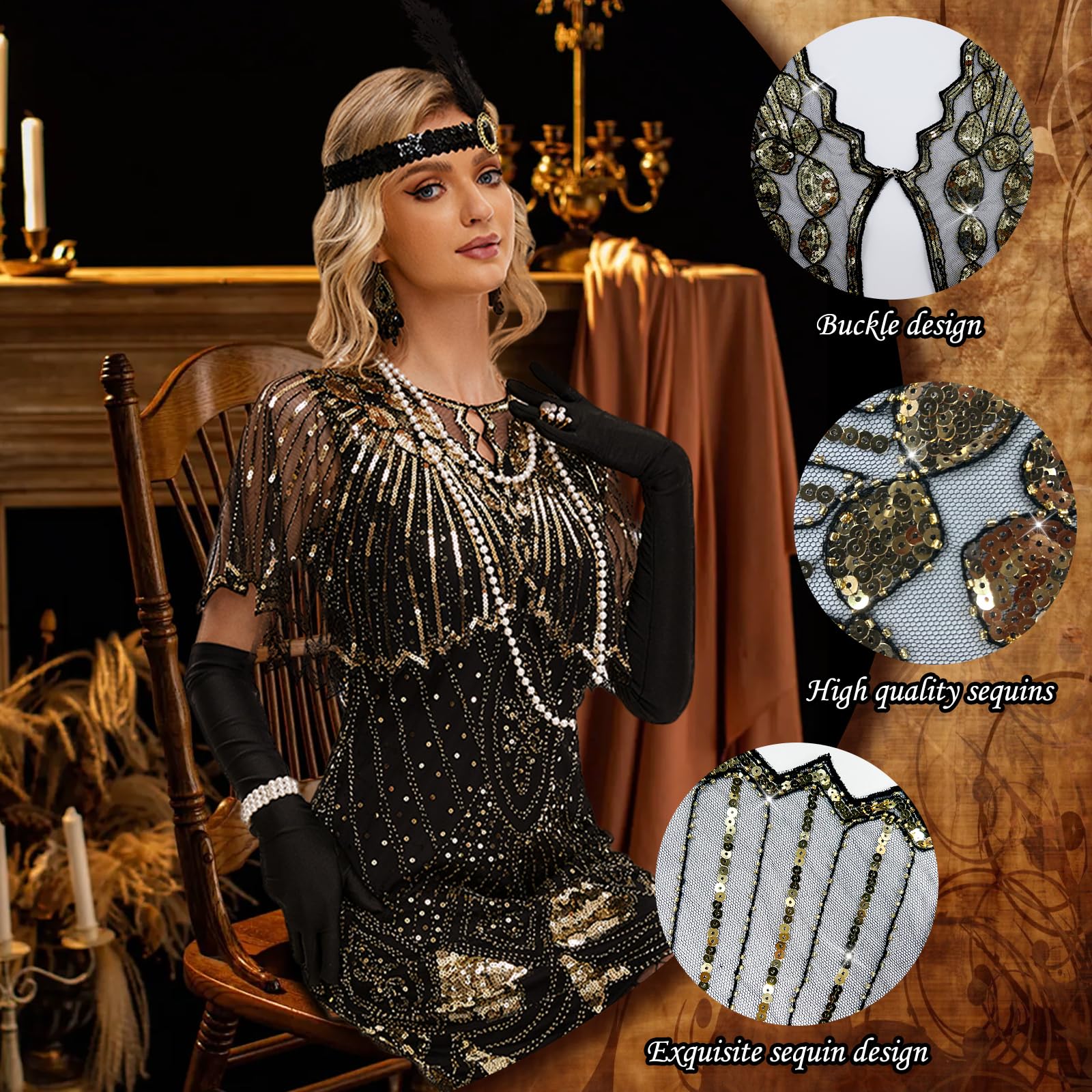 Sekepingo 1920s Accessories for Women Great Gatsby Flapper Shawl with Sequins 8 Pieces Accessories Set Peaky Blinders Costume with Headband Gloves Necklace Earrings Lace Fan for Party Black+Gold - Image 4