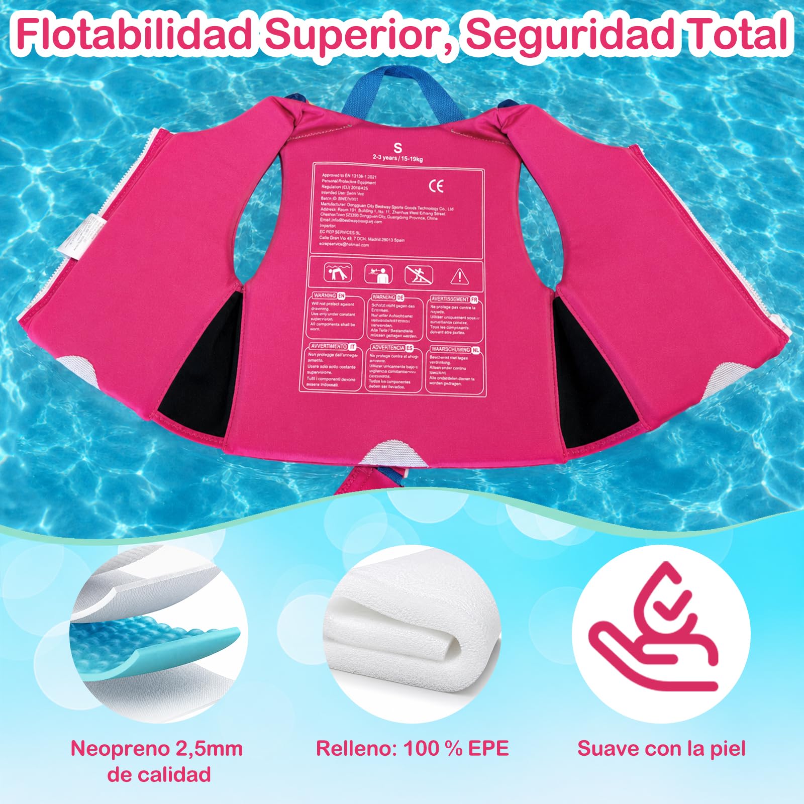 Chaleco de Natación para Niños, Chaleco de Piscina con Tirantes Dobles Ajustables, Neopreno Premium Suave, Probado por TÜV y Seguro, Correa De Entrepierna Más Ancha, Ligero y Cómodo