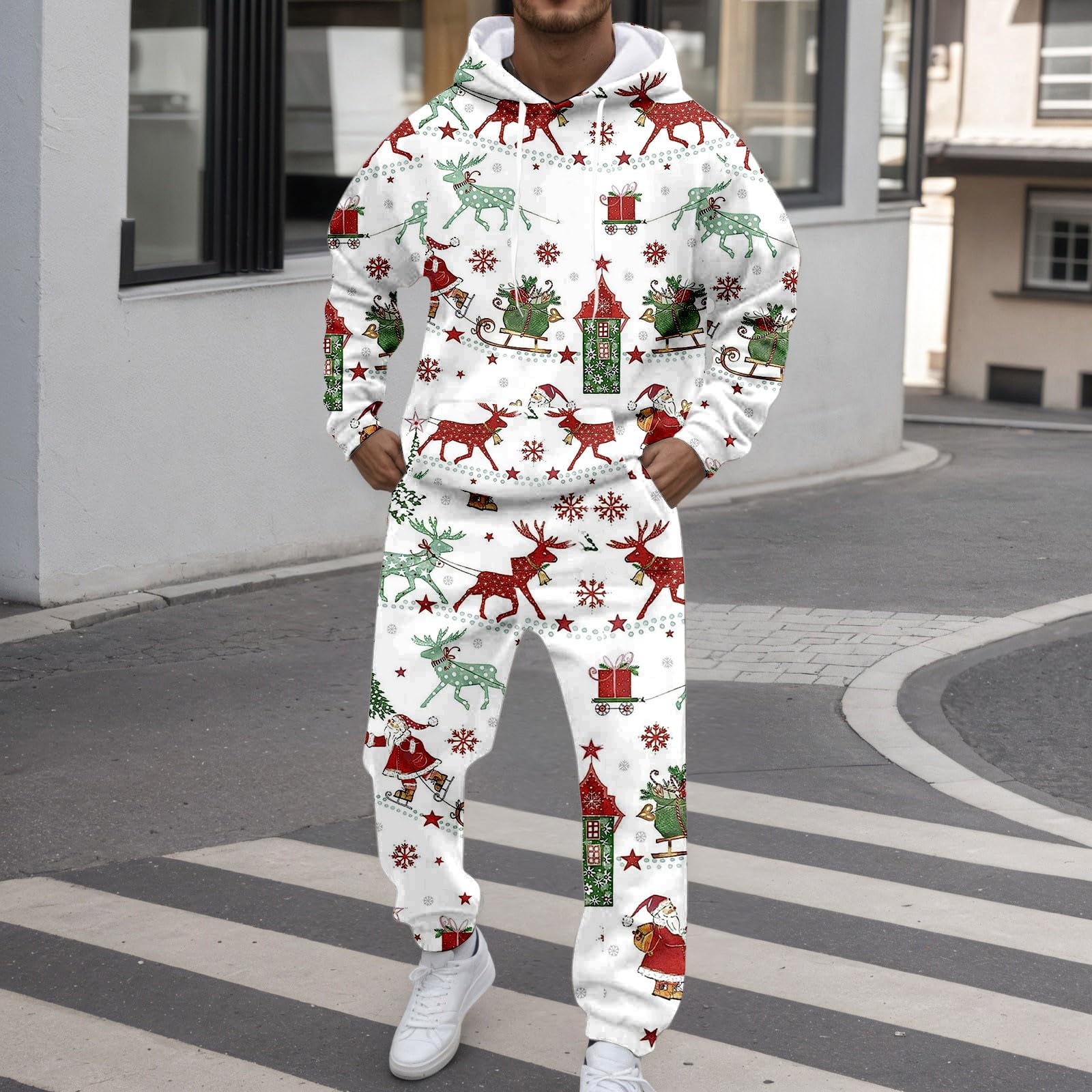 Generisch Chándal de Navidad para hombre, sudadera con capucha y pantalones de chándal de 2 piezas, traje de Navidad, traje de chándal divertido para Navidad, sudadera con capucha, traje deportivo de