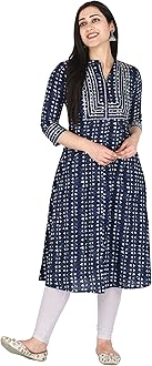 KANNAHIWomen Pure Cotton Ethnic Motif Print A-line Straight Kurta Jaipuri Sanganeri Printed 3/4 Sleeve Kurti for Casual Party & Festival Wear for Girls & Womens