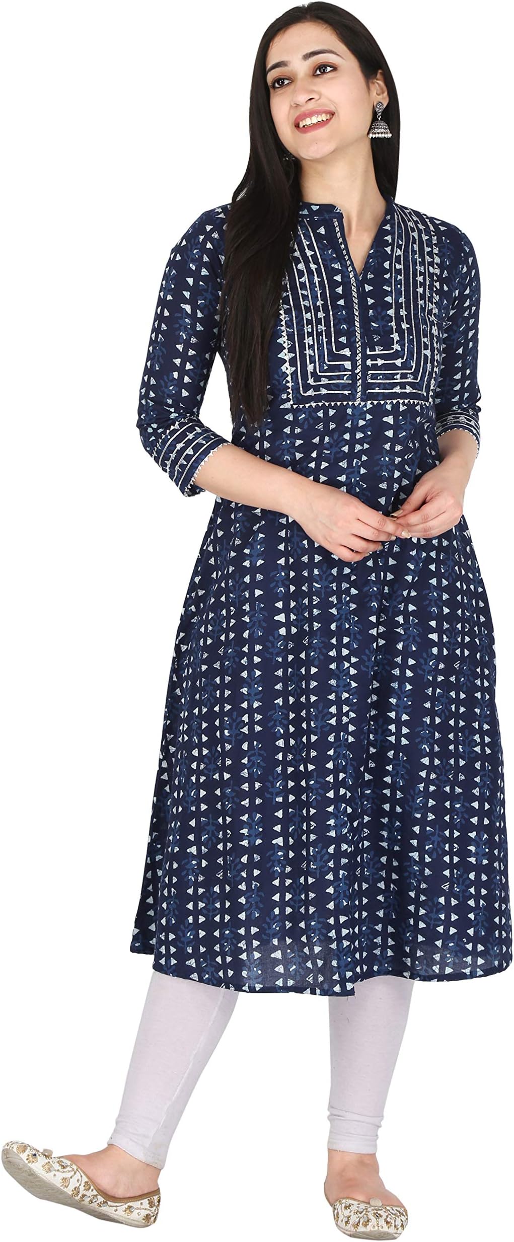 Women Pure Cotton Ethnic Motif Print A-line Straight Kurta Jaipuri Sanganeri Printed 3/4 Sleeve Kurti for Casual Party & Festival Wear for Girls & Womens