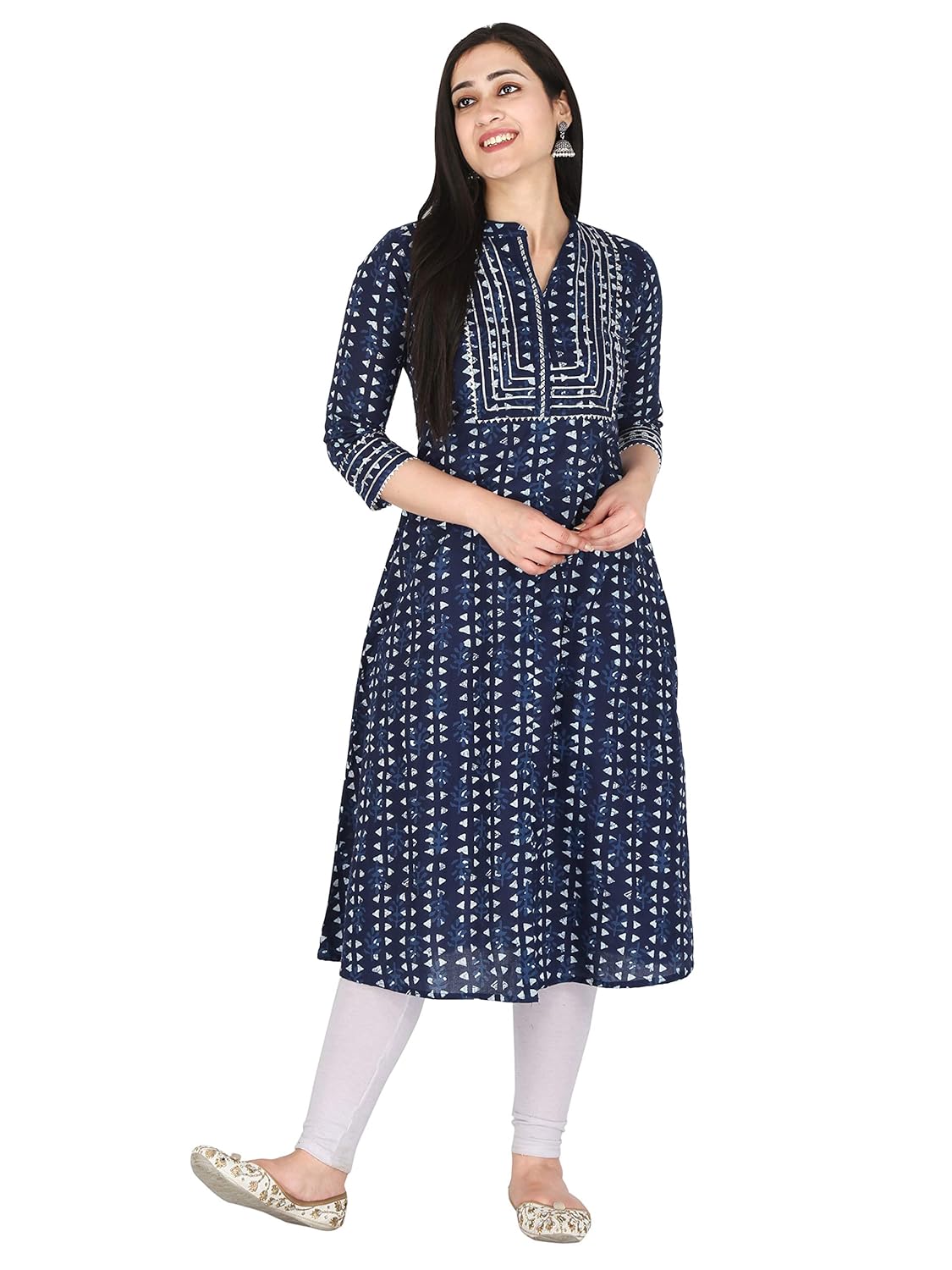 KANNAHI Women Pure Cotton Ethnic Motif Print A-line Straight Kurta Jaipuri Sanganeri Printed 3/4 Sleeve Kurti for Casual Party & Festival Wear for Girls & Womens