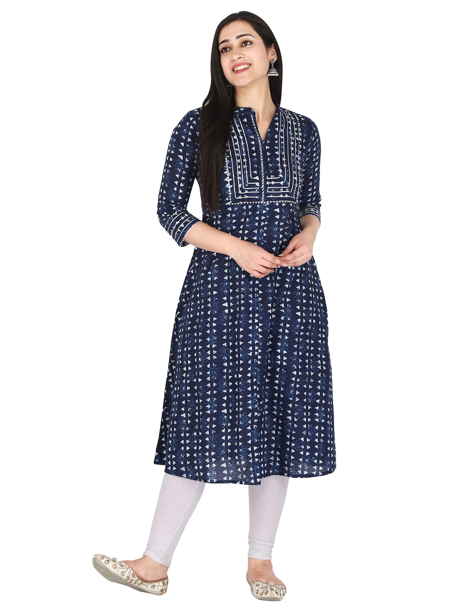 KANNAHIWomen Pure Cotton Ethnic Motif Print A-line Straight Kurta Jaipuri Sanganeri Printed 3/4 Sleeve Kurti for Casual Party & Festival Wear for Girls & Womens