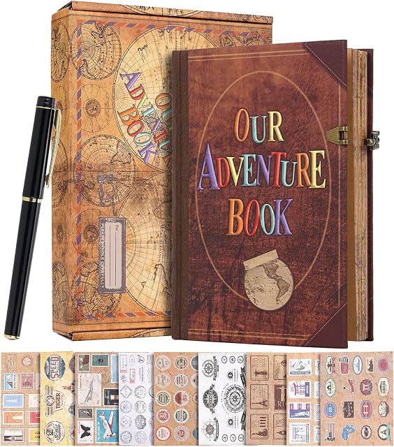 JIMBON Page 164 Notre livre d'aventure 8.2 * 5.9 album de scrapbook de pouce, couverture de cowhide rétro et 3D Style de design,Porte à scraps en couleurs,Journal des carnets de voyage,Boyfriend anniversaire et cadeaux pour les petites amies