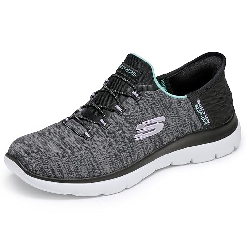Skechers Women's Summits Hands-Free Slip-Ins – Memory Foam Insole, Heel Pillow, Vegan Materials Sneaker, Black/Turquiose, 5 Wide