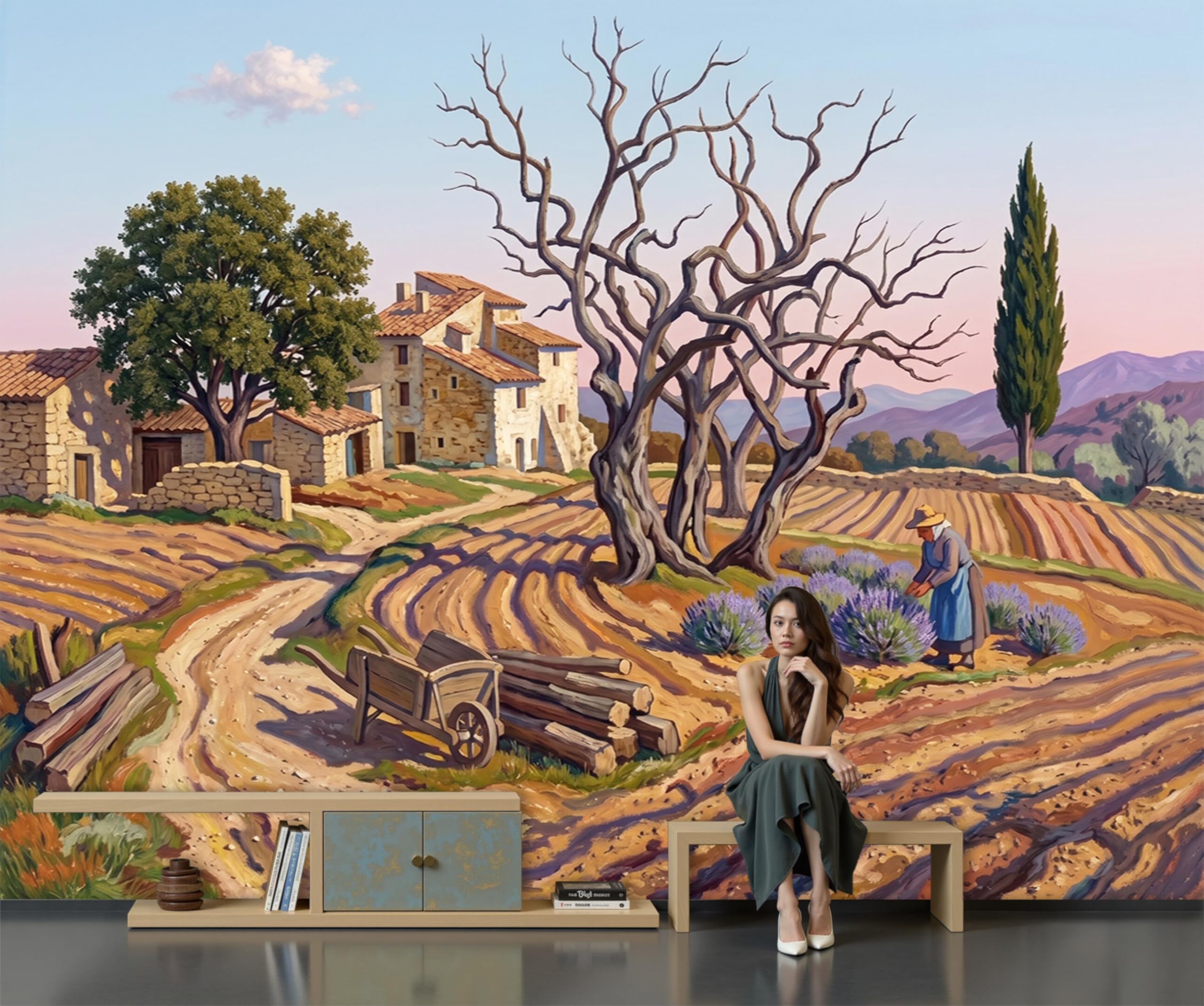 Fresque Murale Soie Provence - Papier Peint Panoramique 3D Luxe Gris Beige 200x140