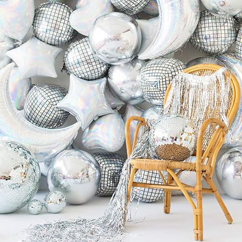 Miniatura 5 de Globos de aluminio 4D de disco de aluminio con láser redondo grande de 21.7in de bola de helio para fiestas de cumpleaños, bodas, baby shower,