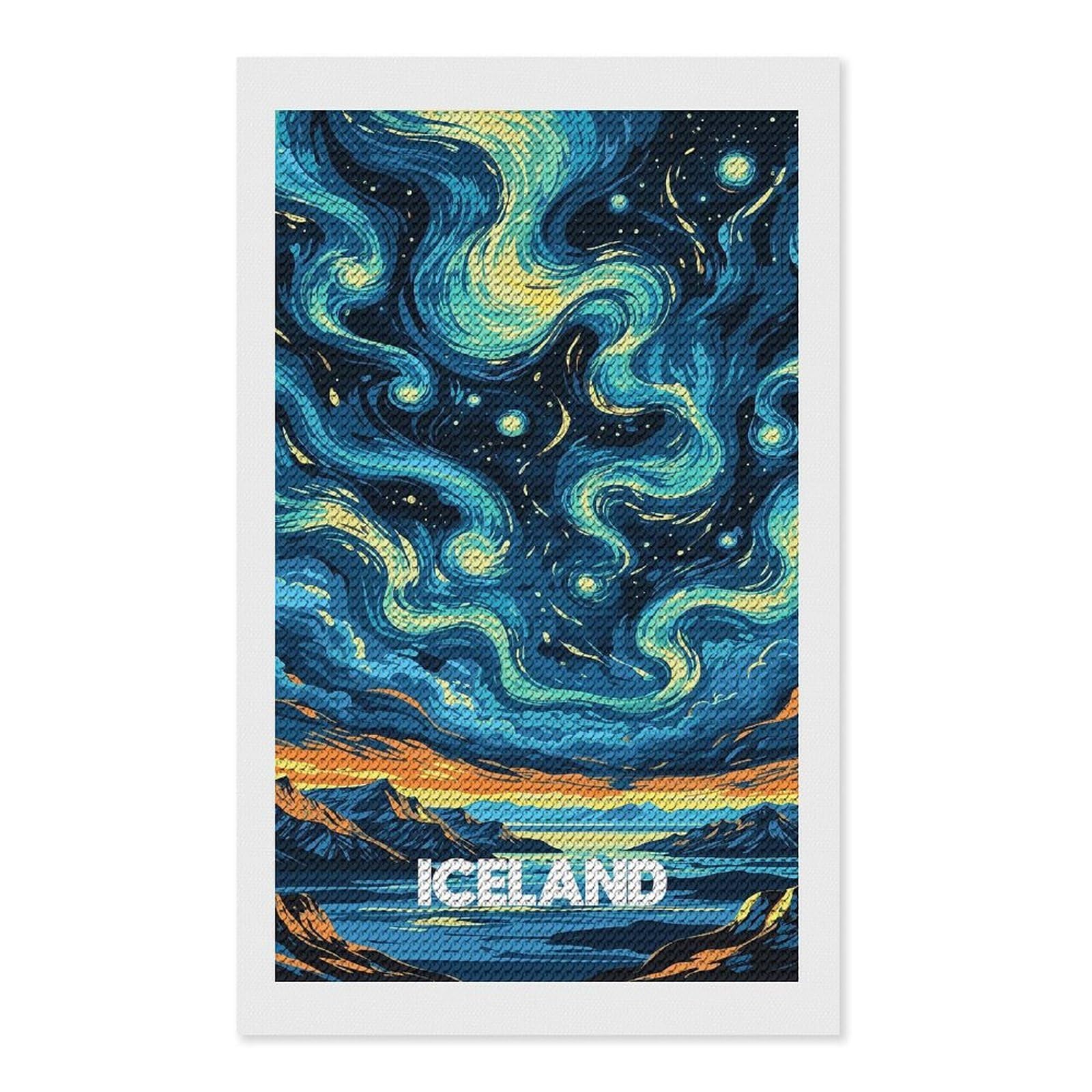 Junmoney Iceland Landscape with Starry Sky Diamond Painting Canvas Set 12"x20", Satisfying Creative Project, Easy to Follow Symbols, Fun Craft Experience