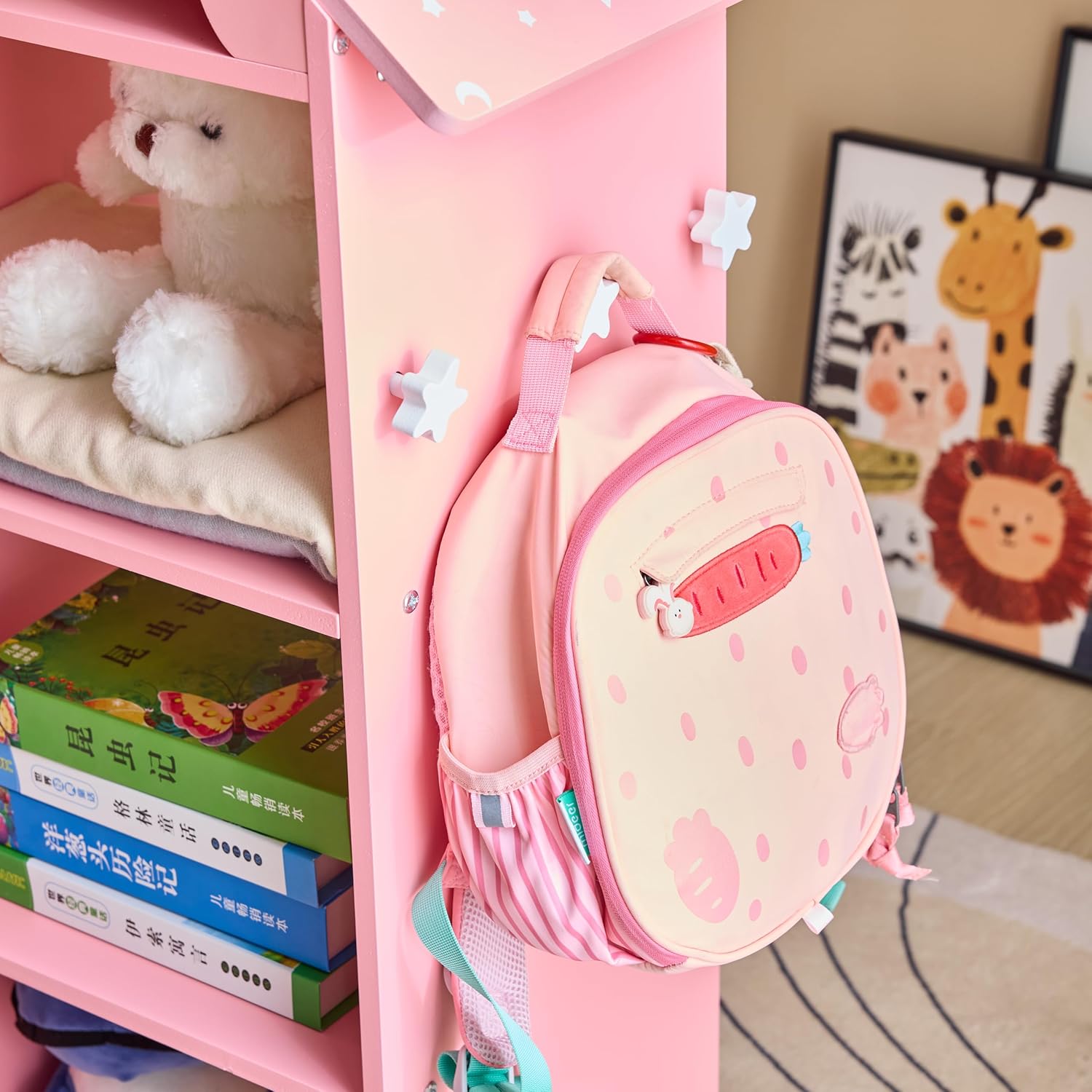 Karl home Dollhouse-Shaped Kids Dress Up Storage with Mirror & Cute Print, Princess Open Hanging Armoire Closet with Storage Shelves, Children Pretend Costumes Wardrobe Closet, Pink