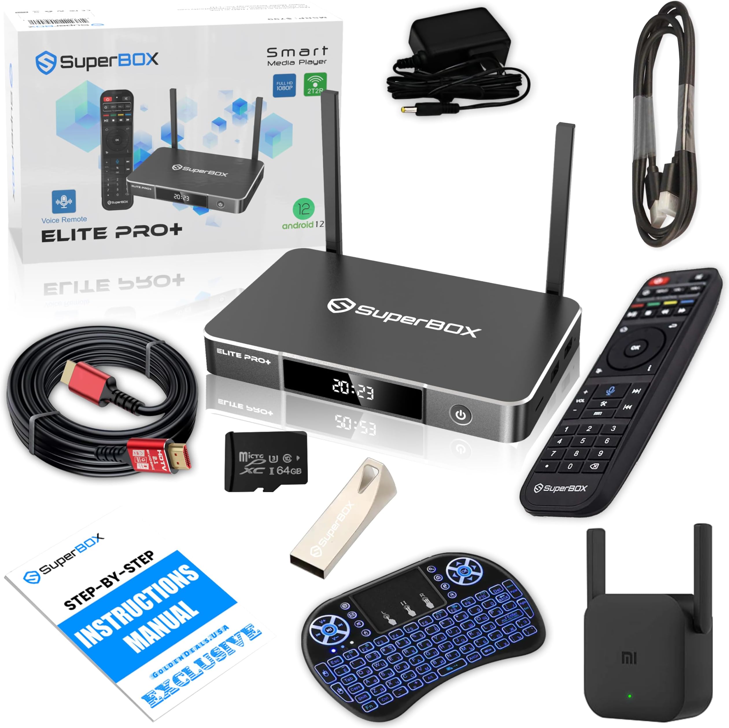 Latest 2025 S6 MAX Bundle 6K TV Box: 8K HDMI Cable, 64GB TF Card, 64GB USB Drive, 300Mbps WiFi Extender, Backlit Keyboard, Voice Remote, Easy Setup Guide - Android 12, 4GB RAM, 64GB Storage