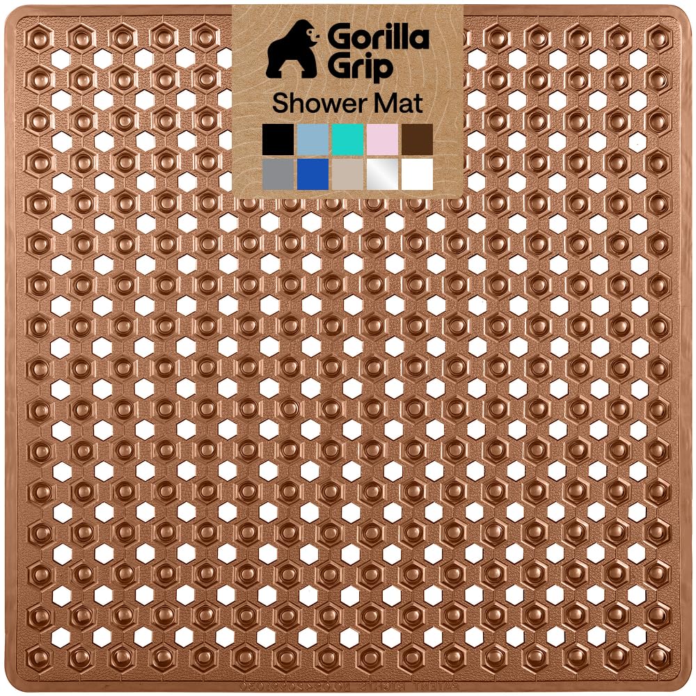 GORILLA GRIP Square Shower Stall Mat, Bathtub Floor Mat, 21x21 Brown