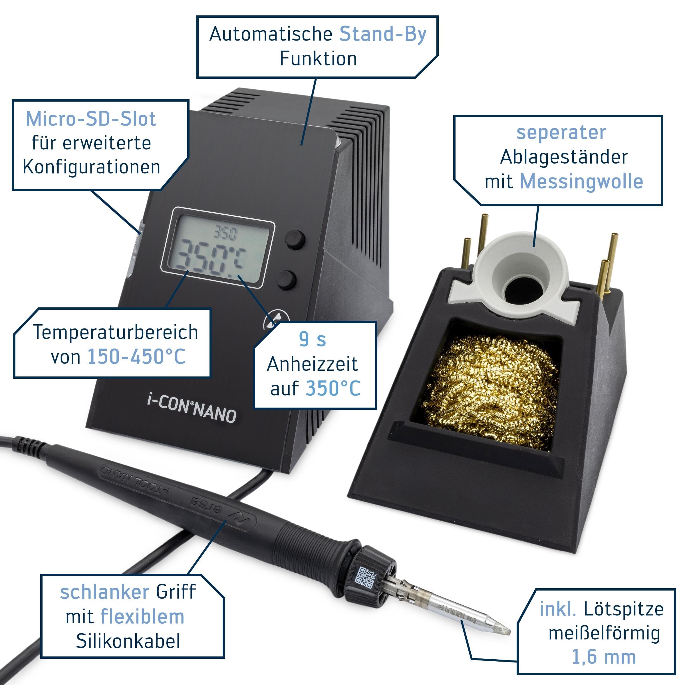 ERSA i-CON NANO MK2 ESD-Lötstation 80 Watt 150-450°C digitale Lötstation mit federleichtem und ergonomischem i-TOOL NANO MK2 Lötkolben mit TIP`N TURN Wechsel + 1,6 mm Lötspitze mit Auto-Standby