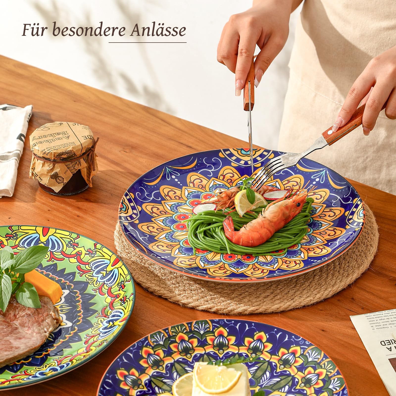 AHX Keramik Teller Set für 6 Personen - Bunte Speiseteller für Salat, Steak & Hauptspeise - Großes Boho Essteller Set - Spülmaschinenfest und Mikrowellengeeignet - 26,7 cm