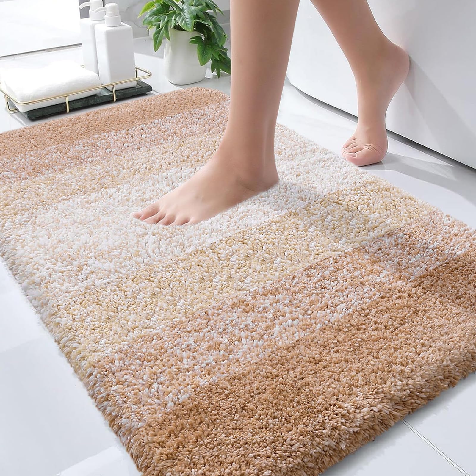 OLANLY Bathroom Rug Mat 30x20, Extra Soft and Absorbent Microfiber Bath Rugs, Non-Slip Plush Shaggy Bath Carpet, Machine Wash Dry, Bath Mats for Bathroom Floor, Tub and Shower, Beige