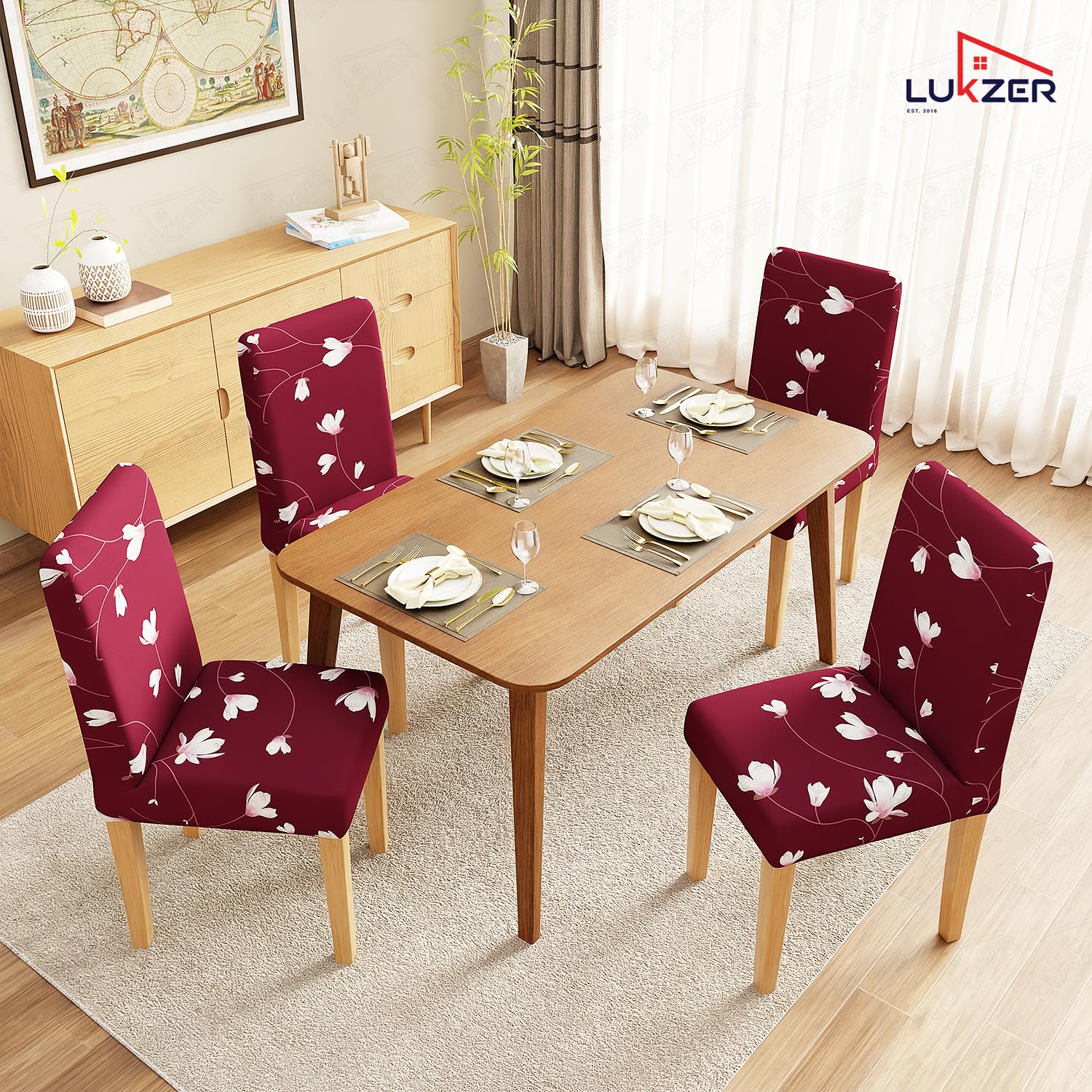 Maroon Flower Dining Chair Covers - 4 Pack -7