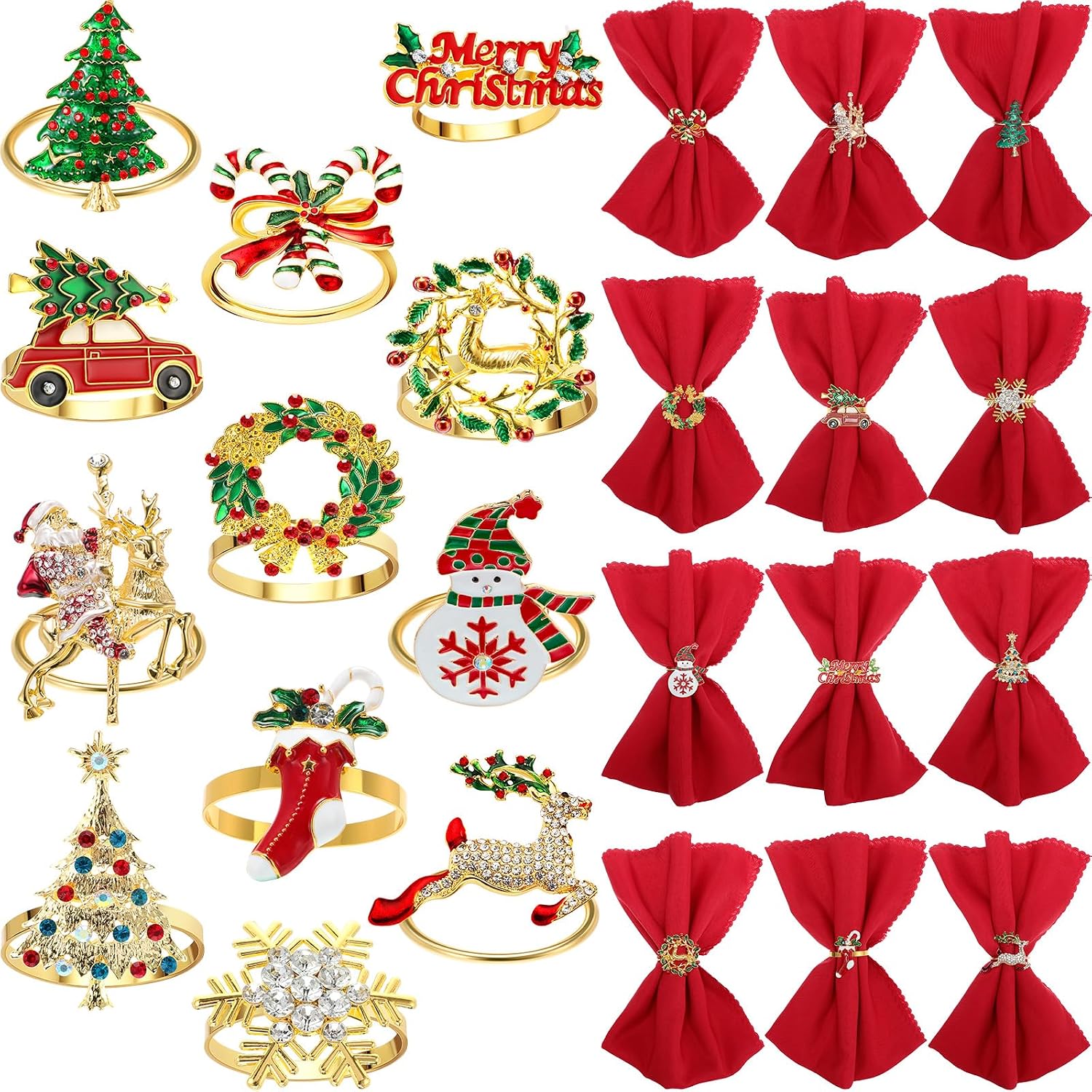 Tioncy 24 Pcs Christmas Napkin Ring Set 12 Pcs Washable Christmas Napkins Cloth and 12 Pcs Christmas Napkin Rings Holder Xmas Tree Napkin Rings for Holiday Dinner Party Table Decorations Wedding