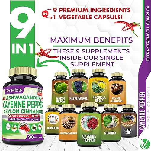 Miniatura 2 de Cápsulas de suplementos de pimienta de cayena, suministro de 3 meses y Ashwagandha, canela de Ceilán, semilla de uva, quercetina, moringa, ginkgo
