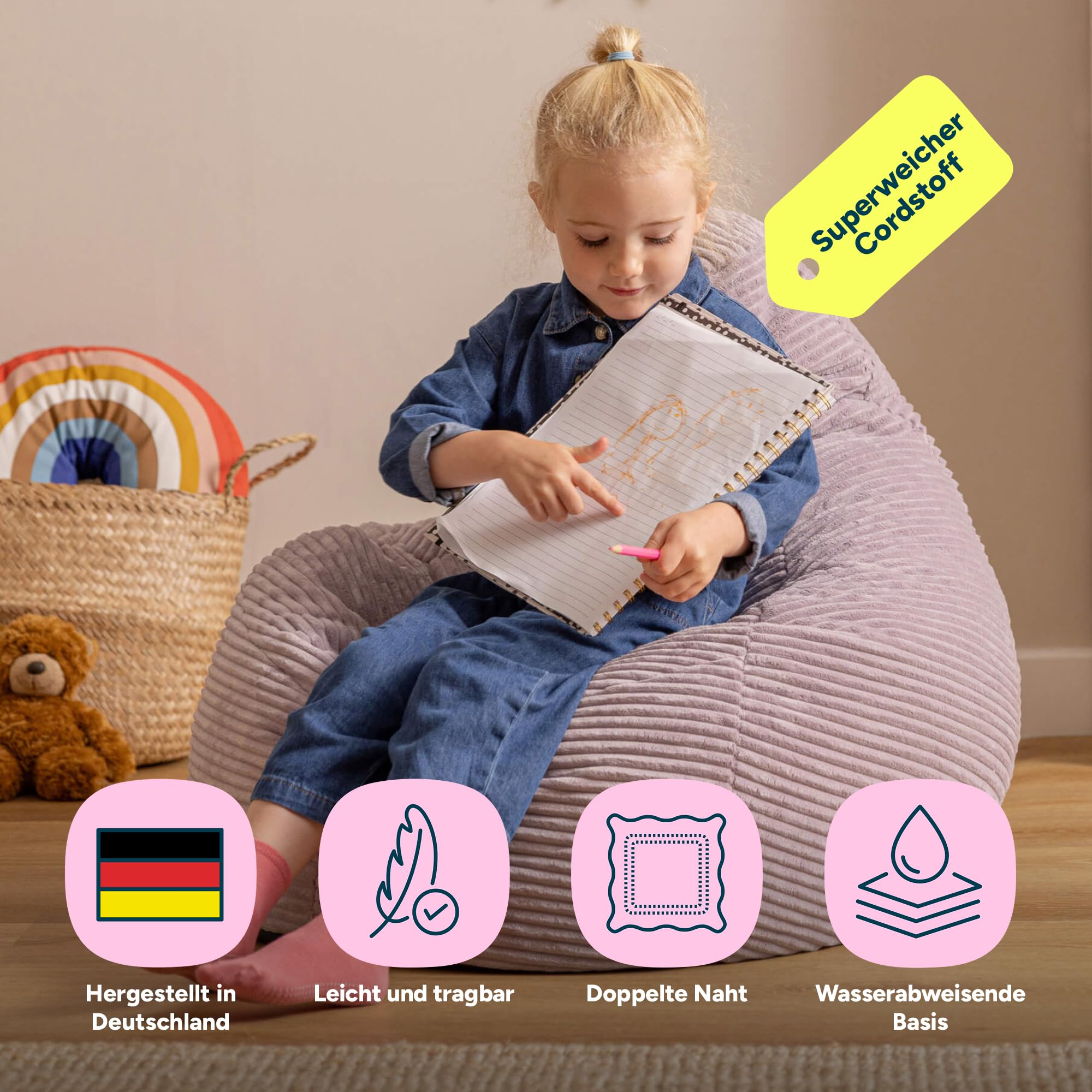 Icon Dalton Sitzsack Kinder, Lila, 2er Pack, Flauschiger Cord Stoff, Sitzsack Cord mit Füllung, Bequemer Kinder Gaming Sessel, Kuschelsessel, Lese Sessel, Schlafzimmer, Kinderzimmer, Spielzimmer
