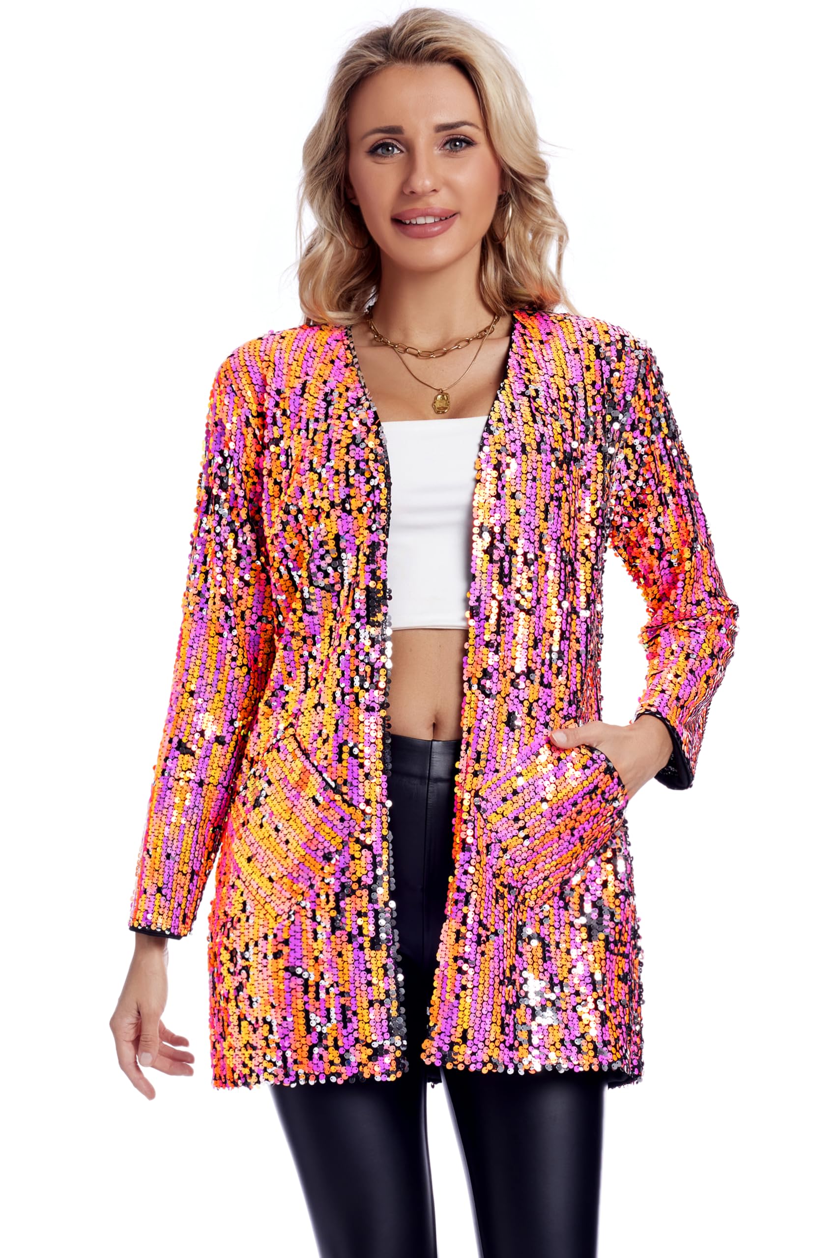 THANKPEARL Women's Sequin Jacket Long Sleeve Open Front Blazer Glitter Sparkly Coat Party Casual Cardigan