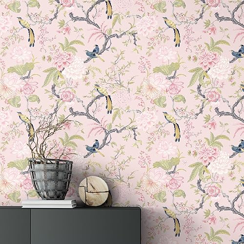 Chinoiserie Peel and Stick Wallpaper Removable Self Adhesive Wallpaper Floral Birds Contact Jacobean Vintage Contact Paper for Bedroom(Blush,118.1" X 15.75")