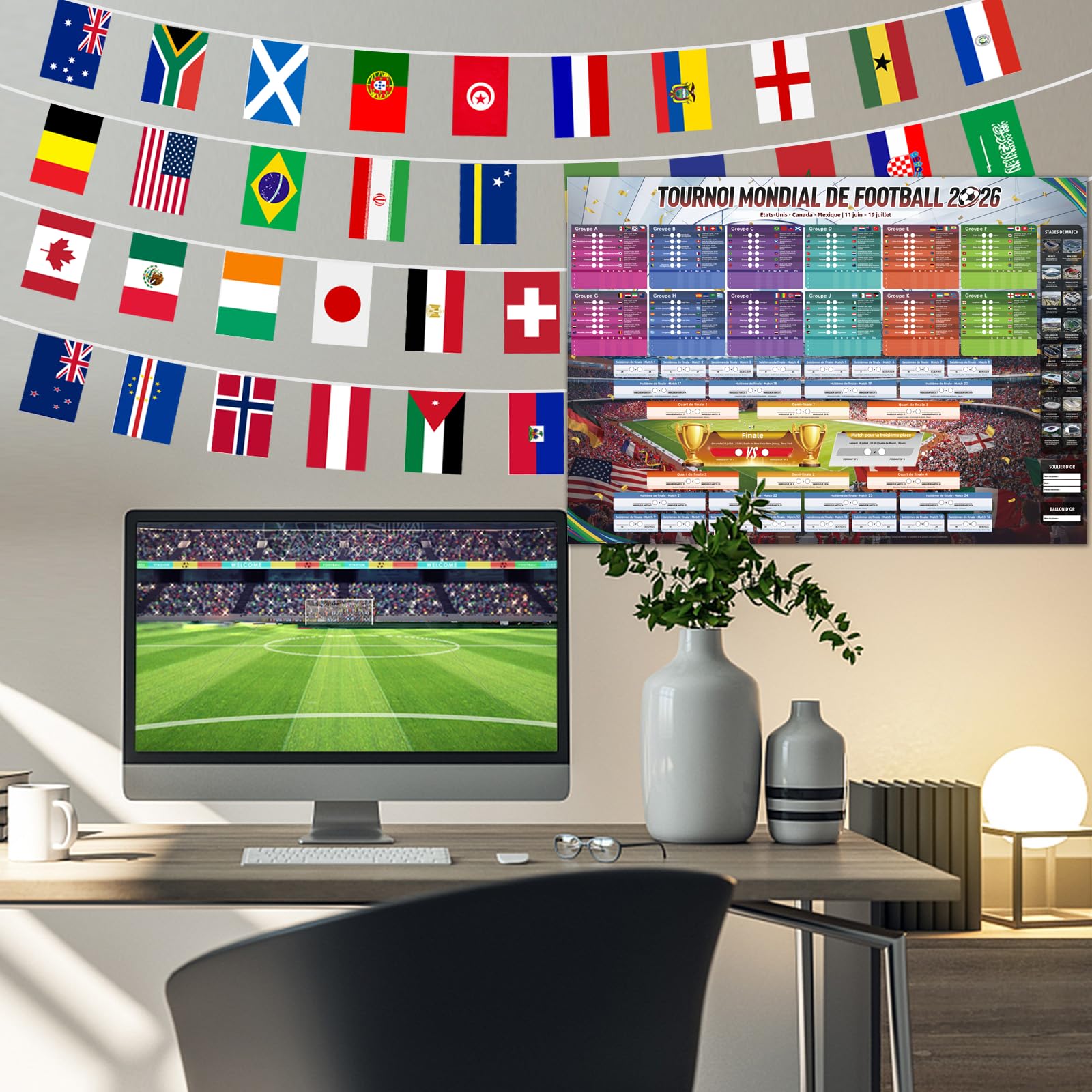 AhfuLife Guirlande de Fanions et Poster Calendrier Coupe du Monde de Football 2026 – 48 Drapeaux du Monde Bannière 14x21cm + Affiche Géant 100x70cm, Décoration pour Mondial 2026 (Français, HNEC) - 5