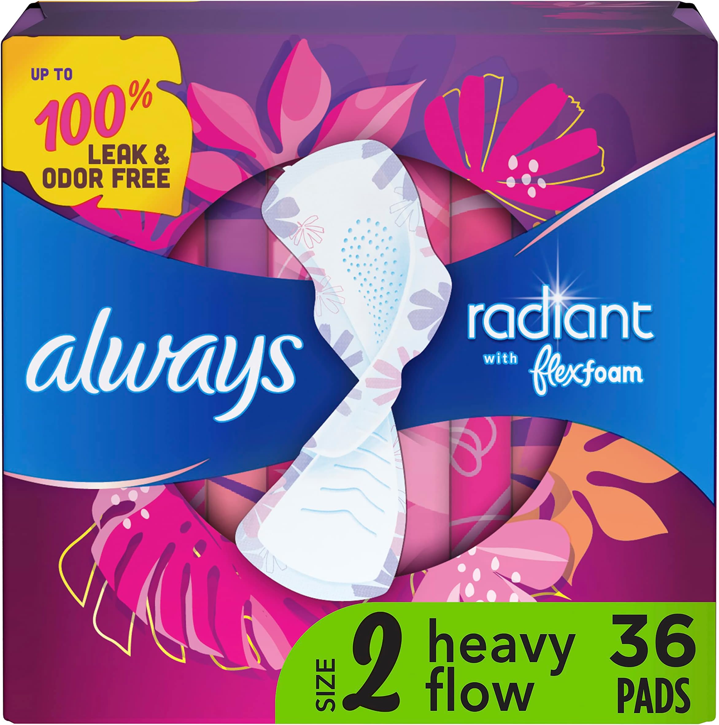 Always Radiant Feminine Pads For Women, Size 3 Extra Heavy Flow Absorbency, With