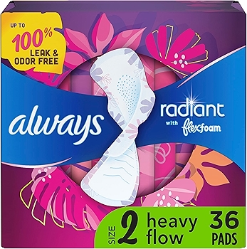 Always Radiant FlexFoam Pads for Women, Heavy Absorbency, Light Clean Scent
