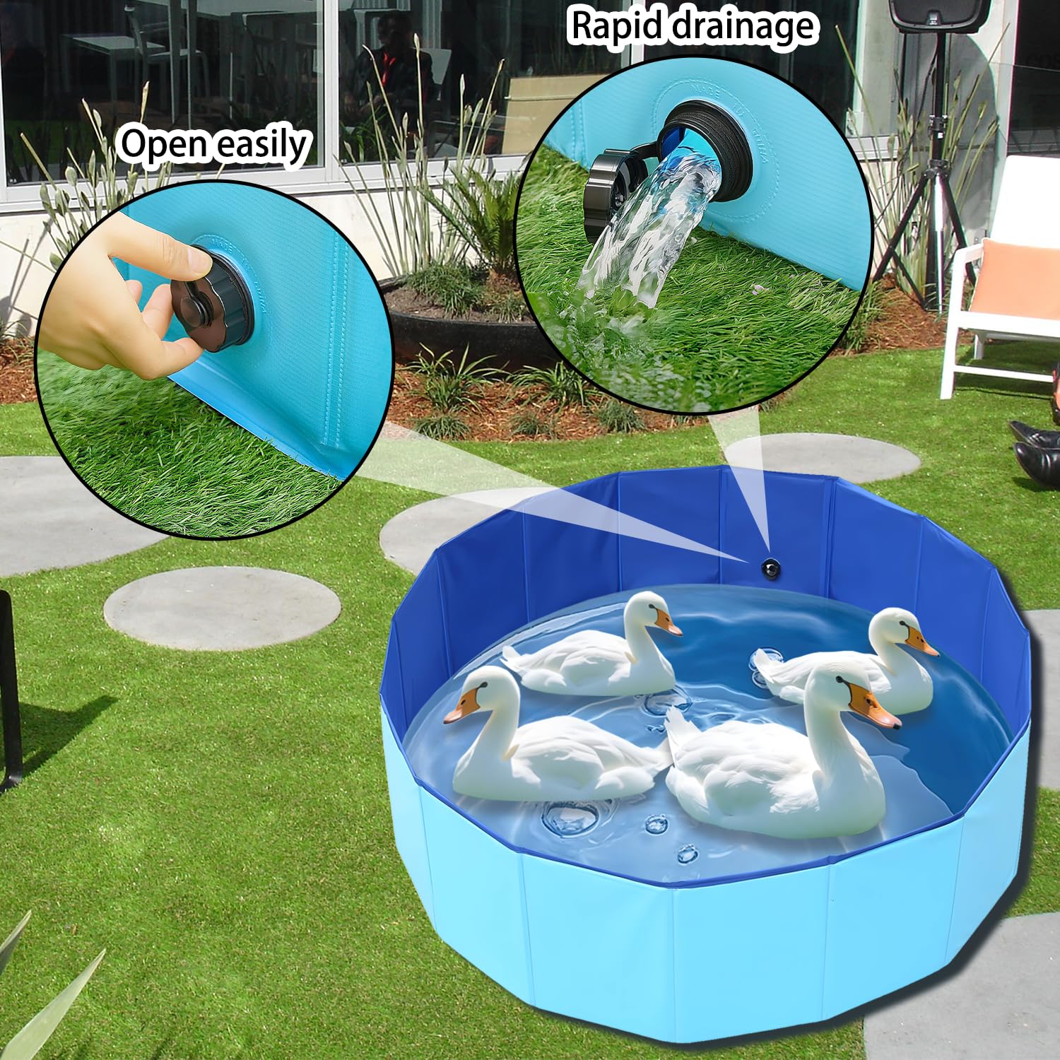Piscina pieghevole per anatre, grande, con tappo di scarico, 89 x 30 cm, in PVC extra resistente, per anatre, cani, gatti, bambini, in plastica rigida blu, portatile, pieghevole, per uso interno ed
