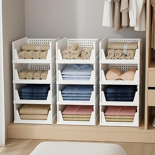 Kuber Industries Plastic Storage Organizer,Wardrobe Organizer For Clothes,Cupboard Organizer,Foldable Shirt Stacker Box,Cl...